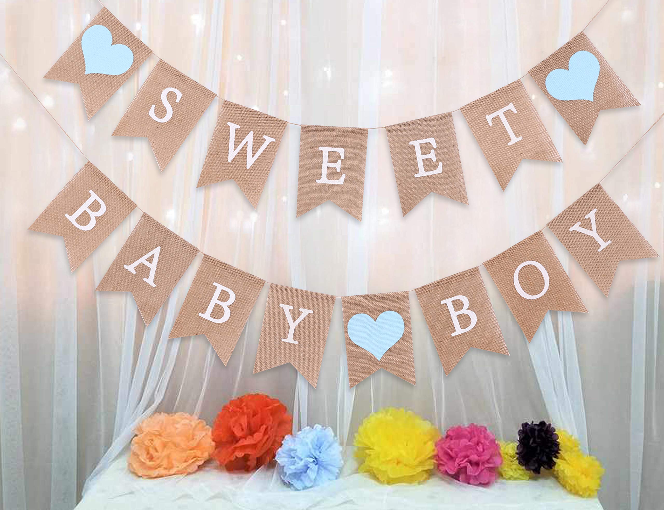 Słodki baner jutowy dla chłopca, słodkie dekoracje na baby shower, rustykalne dekoracje na baby shower, rekwizyty do dekoracji fotograficznej (słodki chłopiec niebieski)