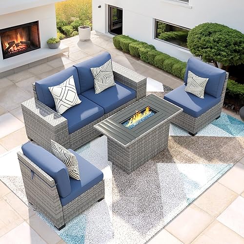5 Piece Patio Furniture Set with Fire Pit Table, Outdoor Conversation Sets Grey Wicker Rattan Sectional Sofa, 4'' Thickened Cushion Navy Blue