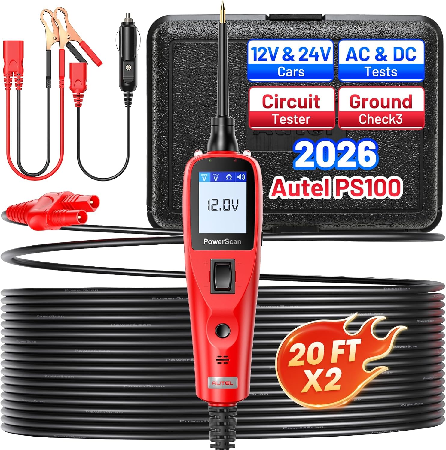 Autel PowerScan Automotive Circuit Tester PS100, 12V-24V Power Circuit Probe Kit w/Flashlight, AC/DC Voltage Resistance, Short Open Finder, Component Activation, 20FT Extension Cord for All Cars