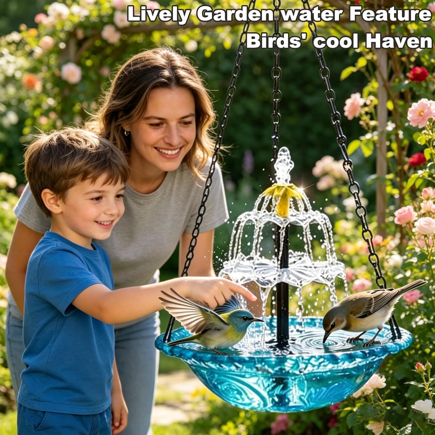 Solar Cascade Hanging Bird Bath Fountain,2026 Upgraded 3-Tier Hanging Bird Bath with Solar Fountain Bird Bath & Feeder,Solar Fountain for Bird Bath Hummingbird Garden Decor (Blue) image 2