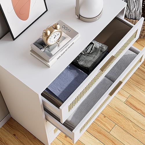 Miniatura 6 de Cozy Castle Cómoda bohemia de 4 cajones, cómoda de madera con asas de metal, cómoda moderna de ratán para dormitorio, color blanco