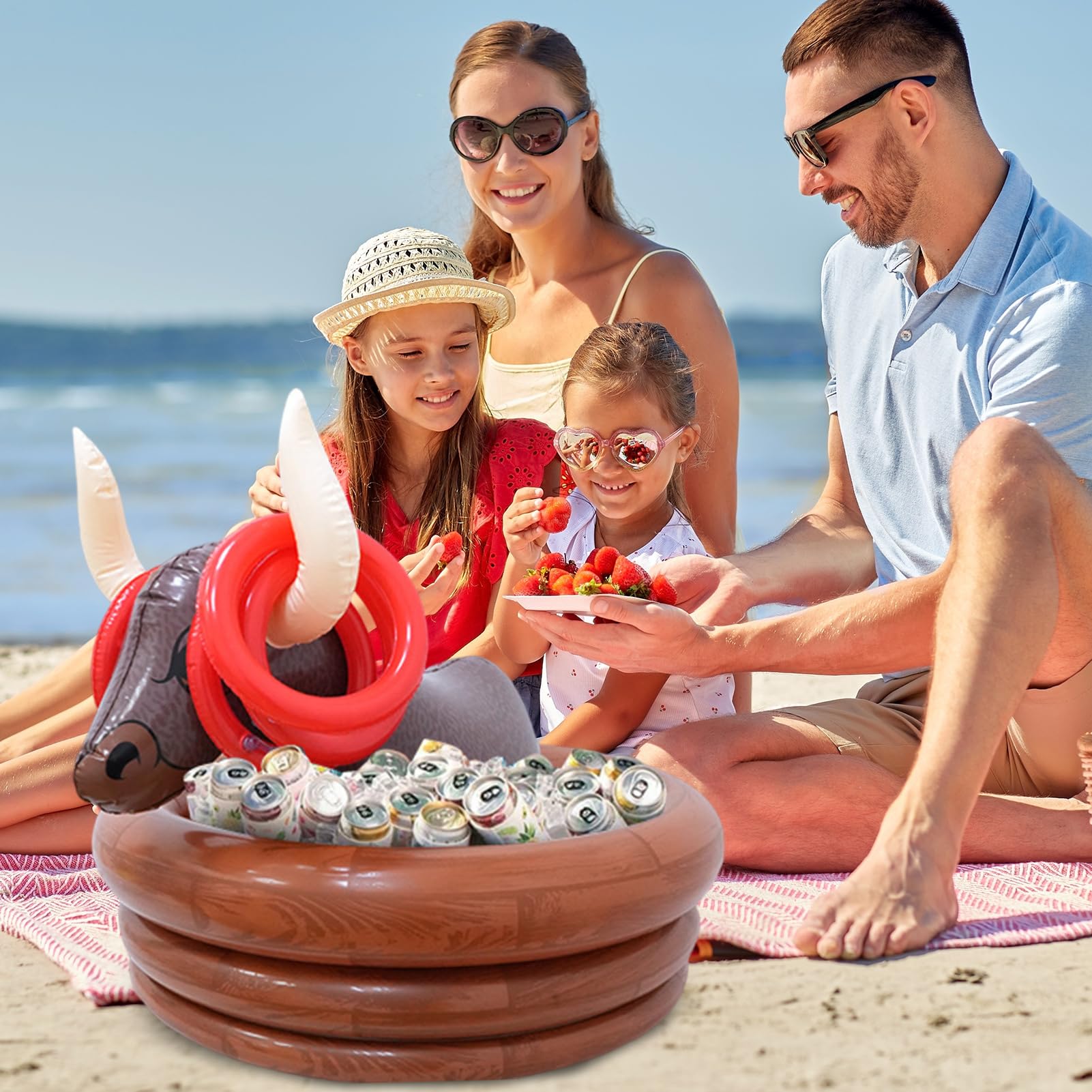 Inflatable Cooler, pływające napoje chłodzące, 29,9 x 29,9 x 25,9 byk w kształcie piwa materiały imprezowe, piknikowy uchwyt na napoje na plażę, basen i letnie imprezy