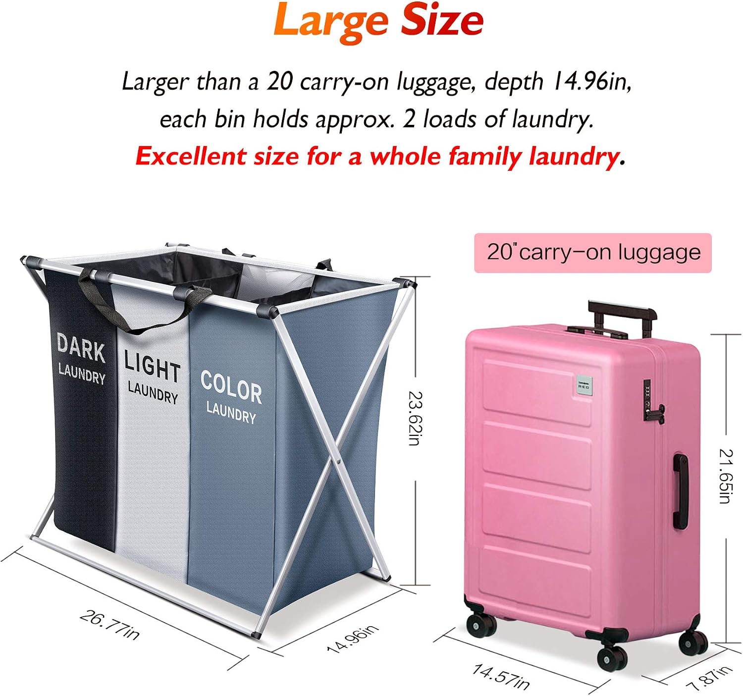 HUNTINGOOD 150L Laundry Basket 3 Sections,Large Dirty Clothes Laundry Bag, Sorter for Bathroom, Foldable Laundry Hamper,Divided, Multicolor (with Pink Bear Gift)