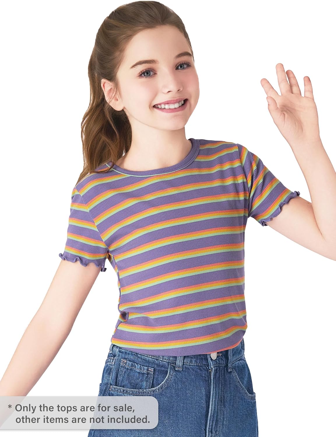 Girls Short Sleeve Shirts Ribbed Knit Lettuce Trim Tee Shirt - Little Girl Green Striped Blouse Size 6-16 - Image 3
