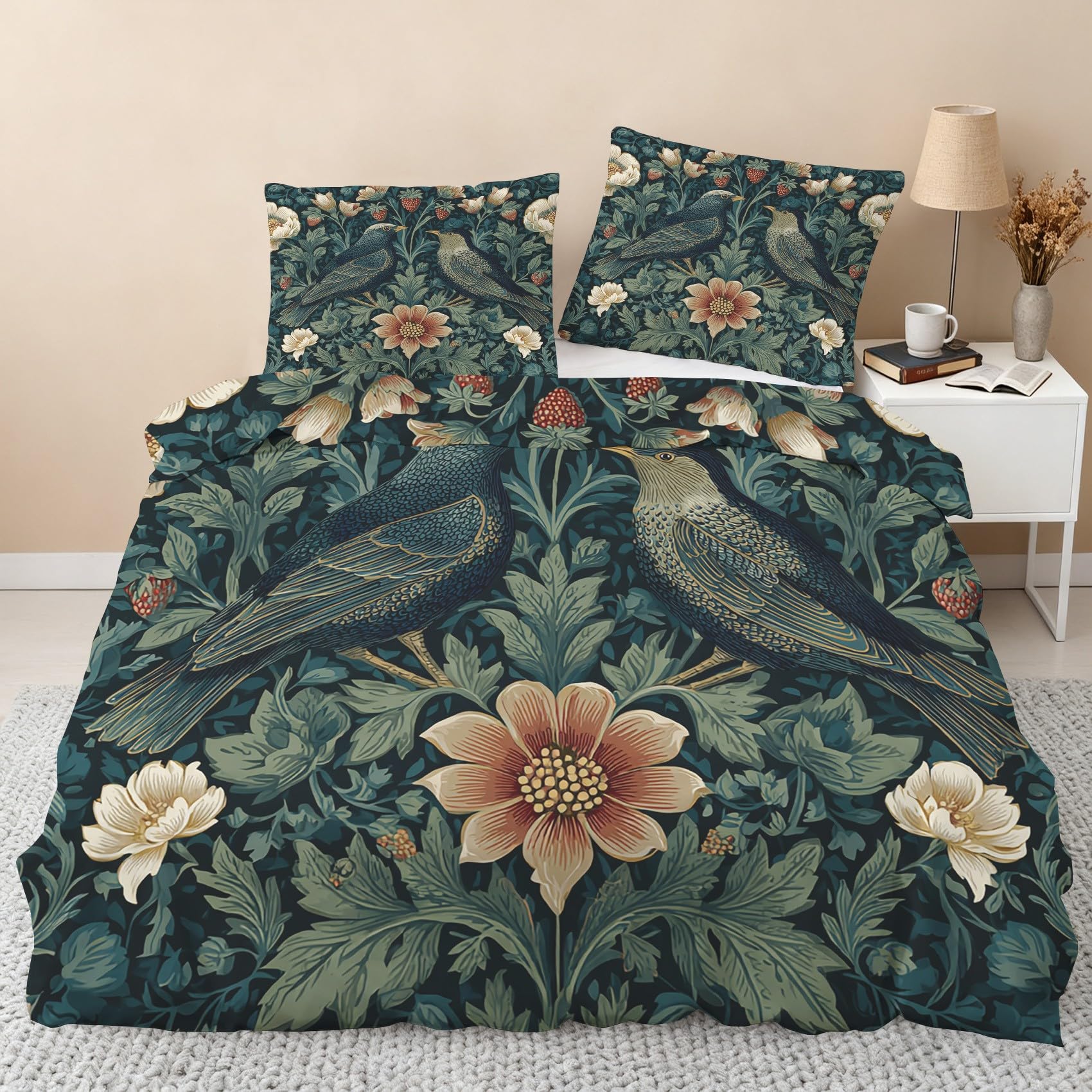 William Morris Duvet Cover Sets, Botanical Strawberry Thief Double Bedding Set, Soft Reversible Microfiber Quilt Cover & 2 Pillowcases, Zipper Closure, Bedroom Decor BhT29