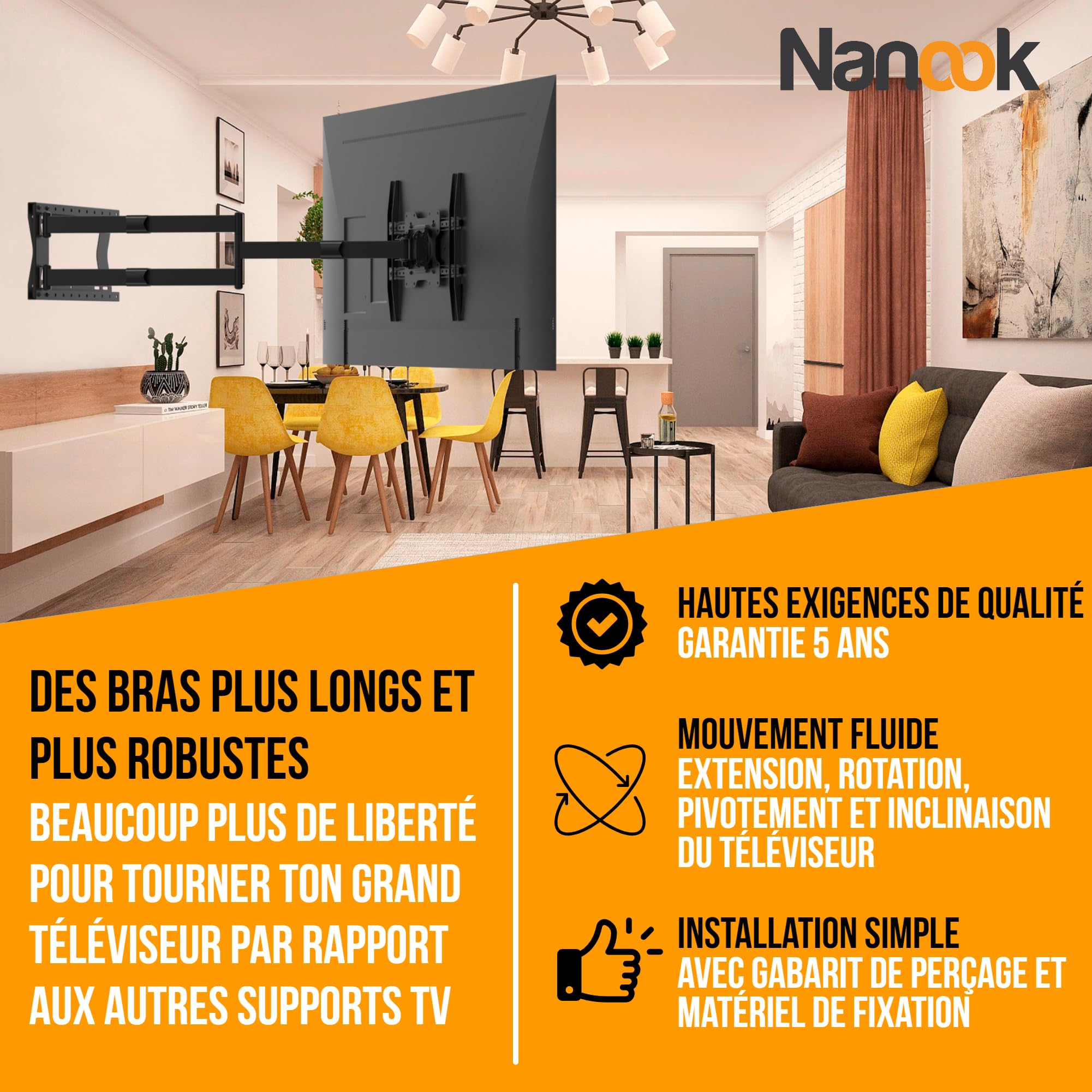 Nanook Support Mural TV 2120 à Bras Long pour téléviseurs 42-75 Pouces, Extension Extra Longue jusqu'à 120 cm, Support TV Robuste orientable - Noir - 40 kg