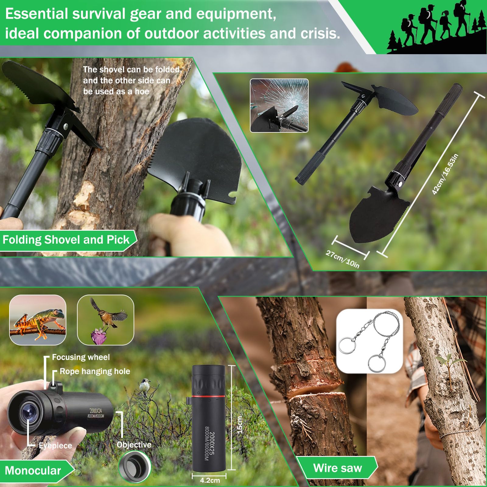 Kit de Supervivencia,Equipo de Supervivencia para Actividades al Aire Libre con Radio Solar de Emergencia,para Camping, Senderismo(Bandolera)