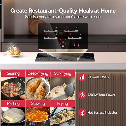 Miniatura 3 de Placa eléctrica de 30 pulgadas, estufa eléctrica radiante de 7300 W con 4 quemadores, 240 V con sensor integrado de control táctil con bloqueo de