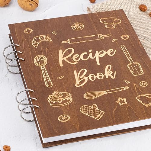 Miniatura 6 de Creawoo Libro de recetas de madera para escribir en tus propias recetas, carpeta de recetas en blanco personalizada, libro de cocina, recetas