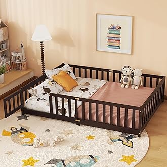 MoproBeti Full Floor Bed with Safety Guardrails for Kids, Rubber Wood Montessori Bed with Slats and Convertible Door,Full Size Bed Frame for Girls and Boys,No Box Spring Needed,Espresso
