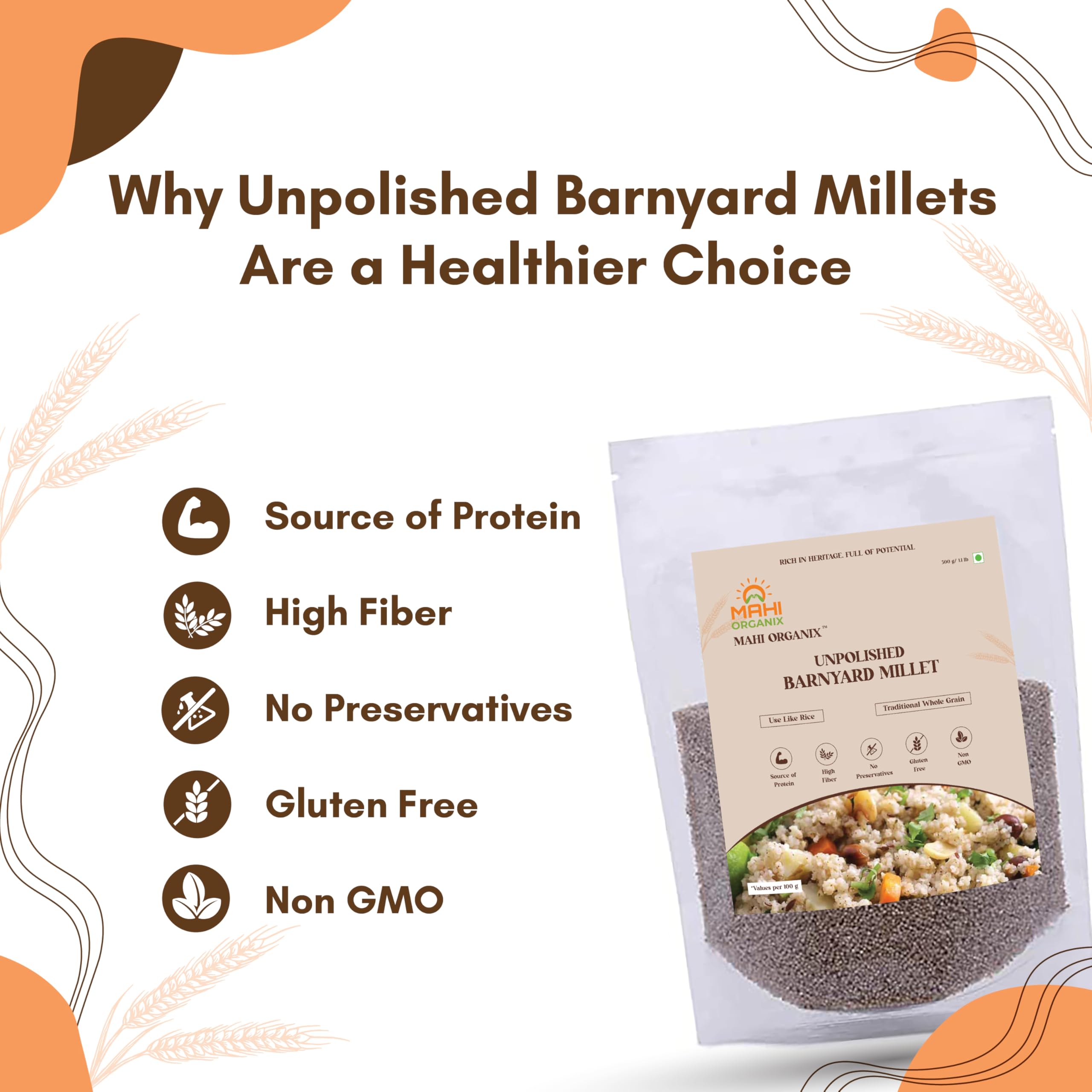 Mahi Organix Unpolished Barnyard Mille,- (Khira/Swank/Kuthiraivally/Udalu/Kodisama) | High Protein & 100% More Fiber Than Rice | Pack of 4, 500g x 4 1