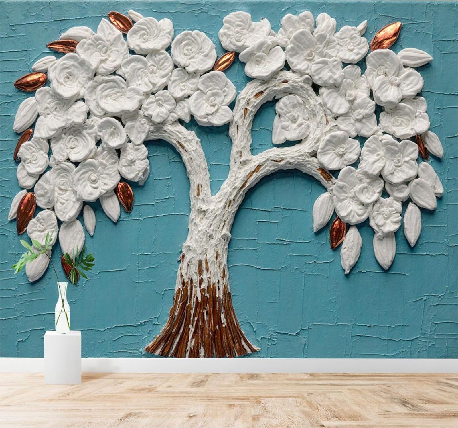 Xlming 150Cm×105Cm(B×H) Creative White Flowers Trees Bronze Petals Blue Background 3D Wallpaper Silky Texture Home Study Office Grey Dining Room Sofa Bedroom Living Room Tv Backdrop-150Cm×105Cm