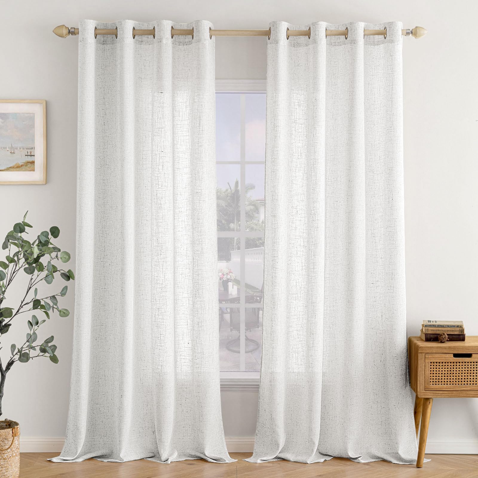 EMEMA Gardinen Vorhänge Leinenvorhang mit Ösen Voile Vorhang Leinenoptik Modern Halbtransparent für Wohnzimmer Dekoschal Kinderzimmer Schlaufenschal Küchengardinen 2er Set 140x245cm (BxH) Reines Weiß