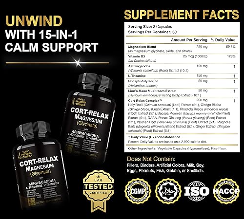 Miniatura 3 de Suplementos de cortisol súper calmados para mujeres y hombres con glicinato de magnesio, Ashwagandha, L-teanina, fosfatidilserina, ginkgo y melena