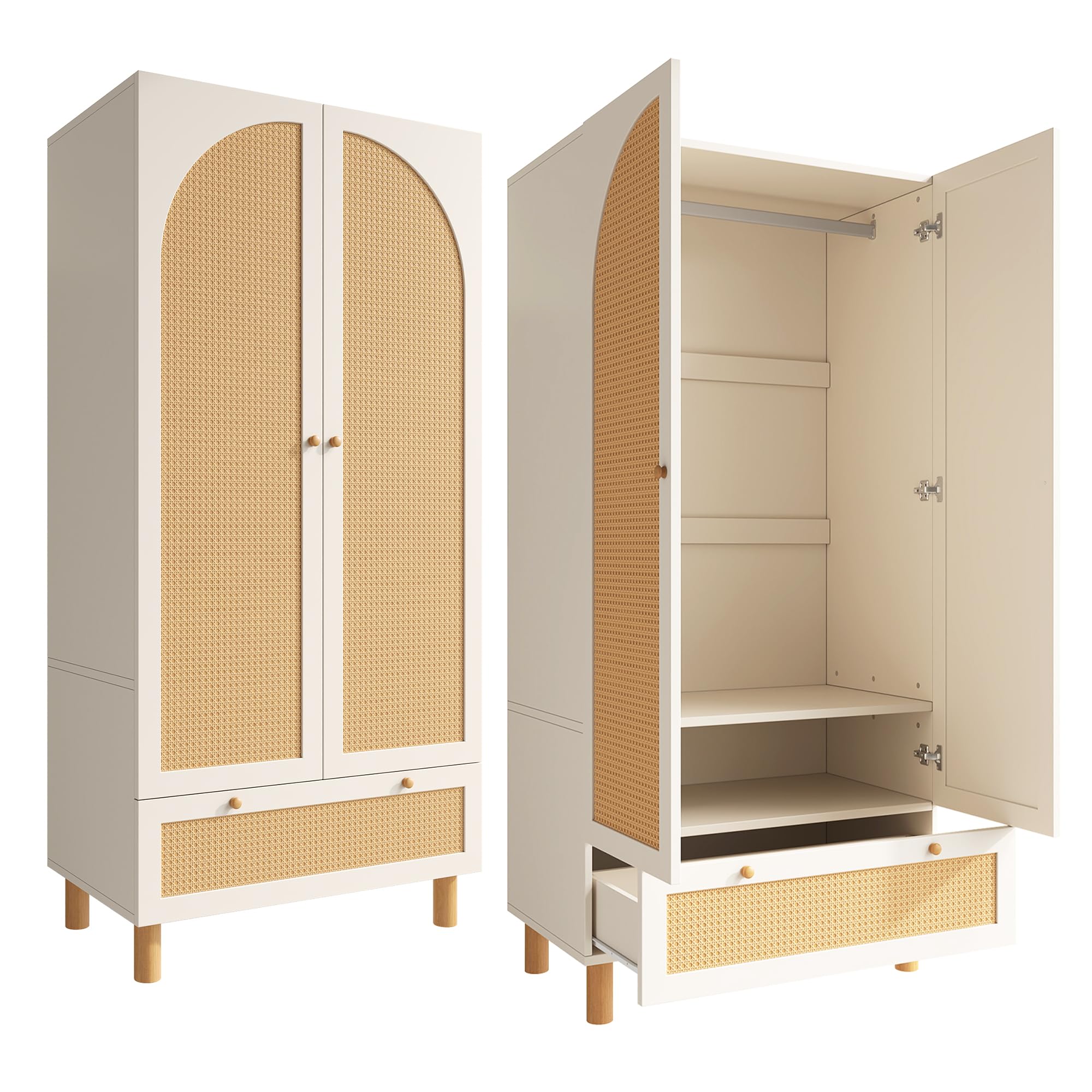 Armario con 2 puertas y ratán, estilo rústico, color blanco, con cajón grande, estantes ajustables en altura y barra para ropa, incluye protección antivuelco, 180 x 85 x 52 cm (alto x ancho