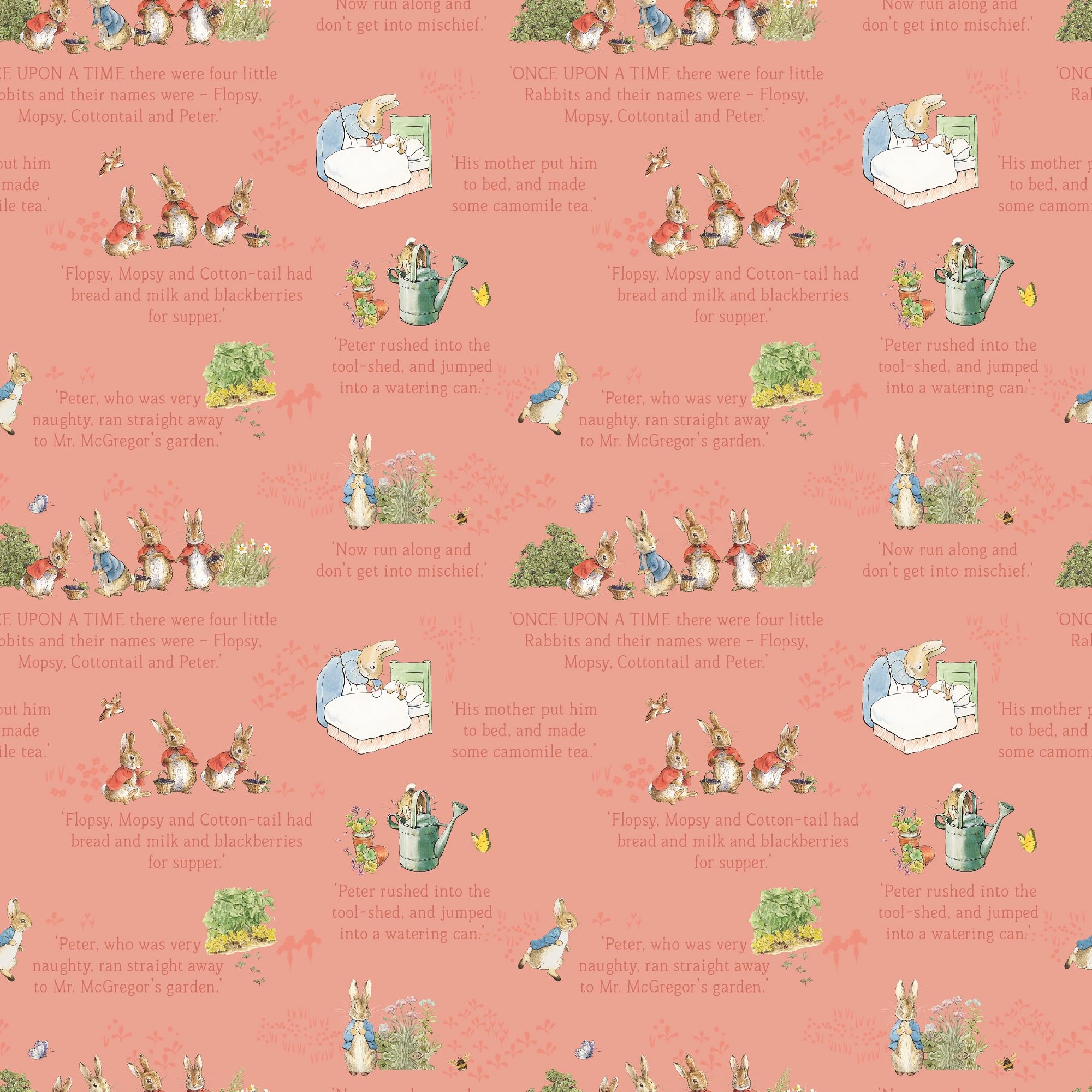 The Tale of Peter Rabbit Text Coral Fabric