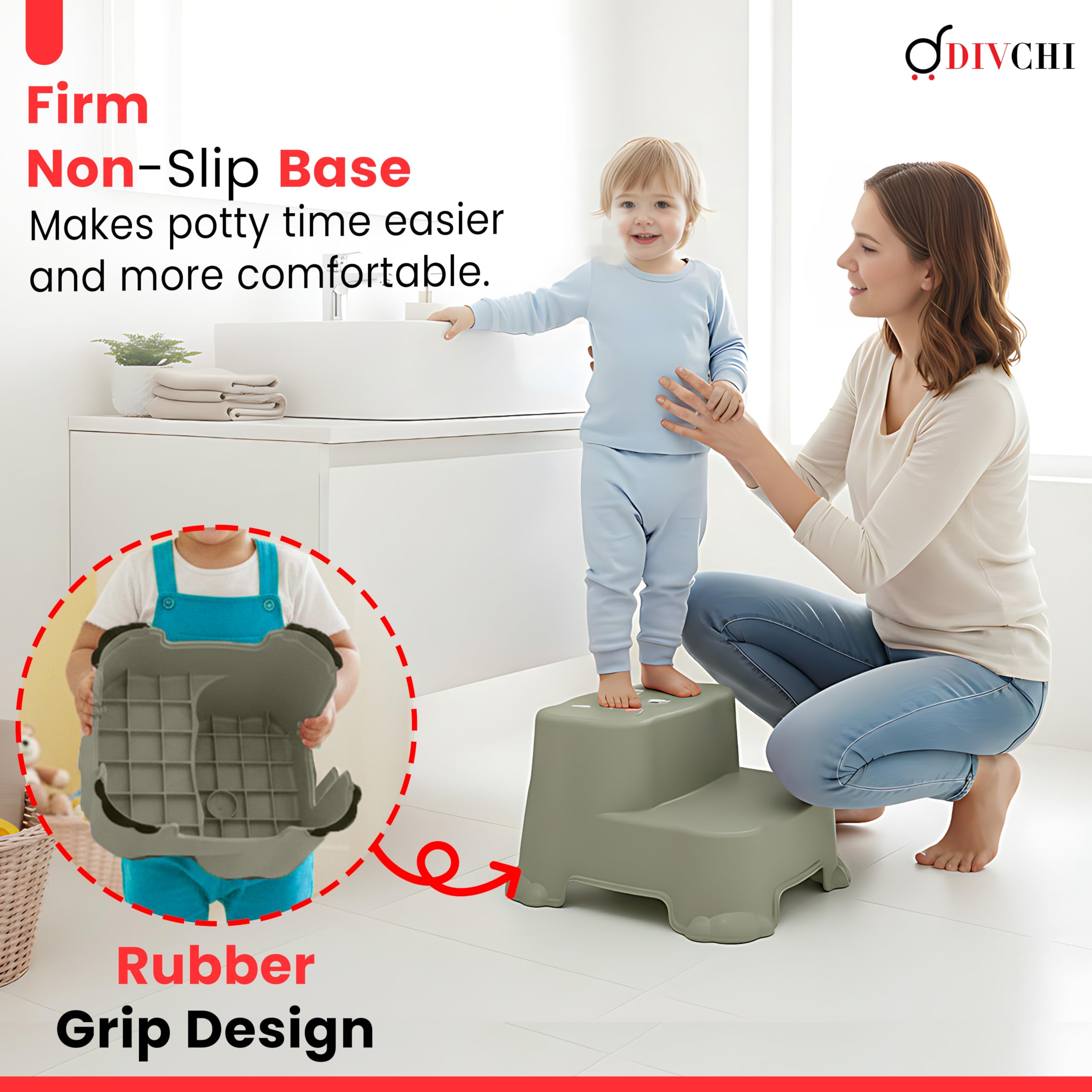 DIVCHI Two-Step Stool For Kids Slip Ressistant Rubber Grip Nursery Step Stools Lightweight Portable Potty Training Stool With Non Slip Base For Bathroom & Kitchen (Green) — view 6