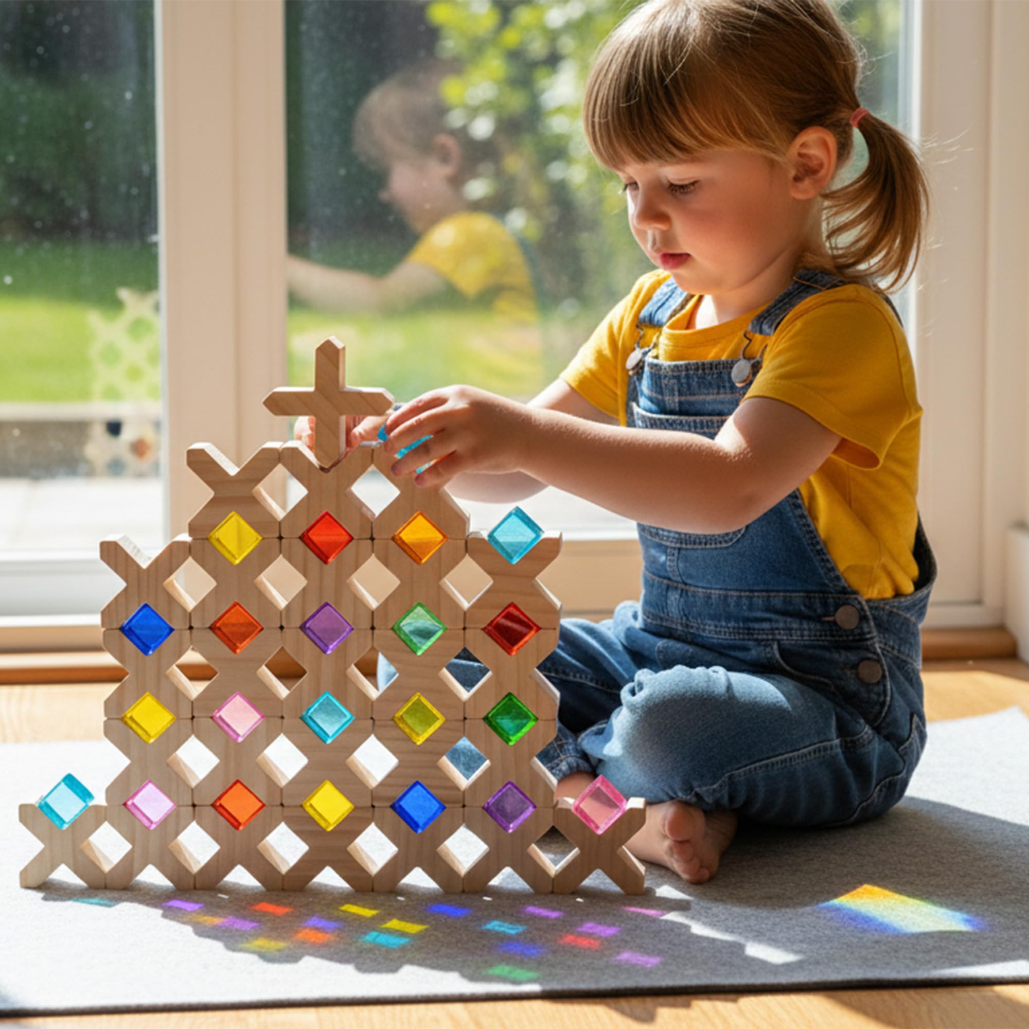 Woodtoe Holzbausteine für Kinder, 48 Stück Regenbogen-Acryl-Edelstein-Würfel, 32 Holzblöcke, Montessori Stapelspielzeug für Kleinkinder, sensorisches Spielzeug