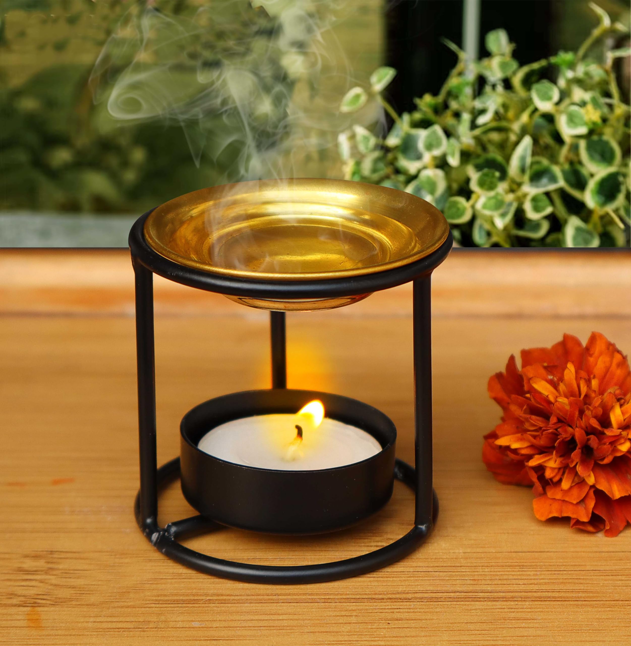 The Retailer House Metal Stand and Brass Bowl Oil Burner, Mini Size 2.5 Inch, Black