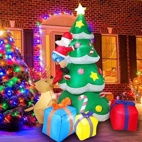 Árbol inflable de Navidad de 8 pies para decoración al aire libre con Papá Noel y perro, árbol de Navidad inflable con 3 cajas de regalo, decoración