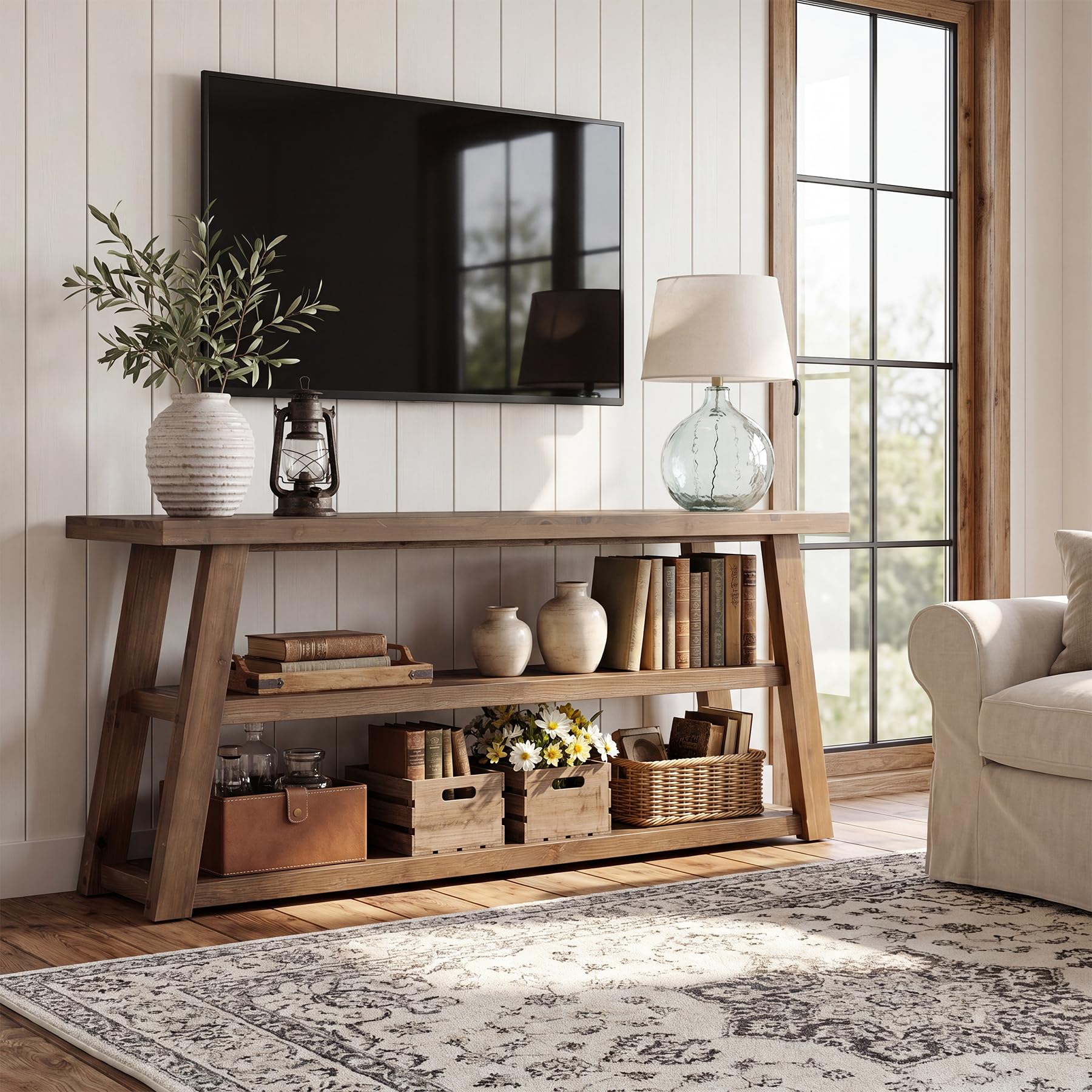 TRIBEWOOD Solid Wood TV Stand, Farmhouse Media Console for 60/70/75 inch TV, 3-Tier Open Storage Shelves, Brown Rustic Television Unit, Entertainment Center for Living Room