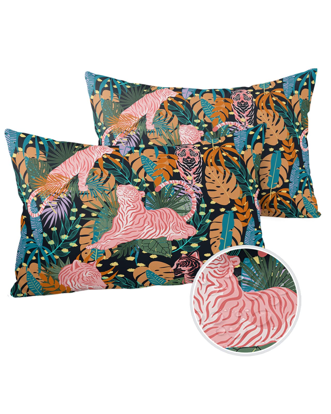T&H XHome Outdoor Waterproof Throw Pillow Covers 20 x 12 Inches Set of 2 Tropical Rainforest Jungle Red Stripe Tigers Decorative Cushion Cover Pillowcase for Garden Patio Tent Beach Couch Living Room