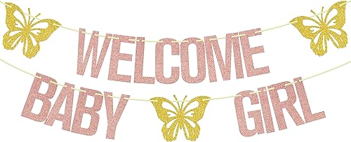 Cartel de bienvenida para niña, decoración de fiesta de baby shower con temática de mariposa, letrero de "It's a Girl", suministros para fiesta de