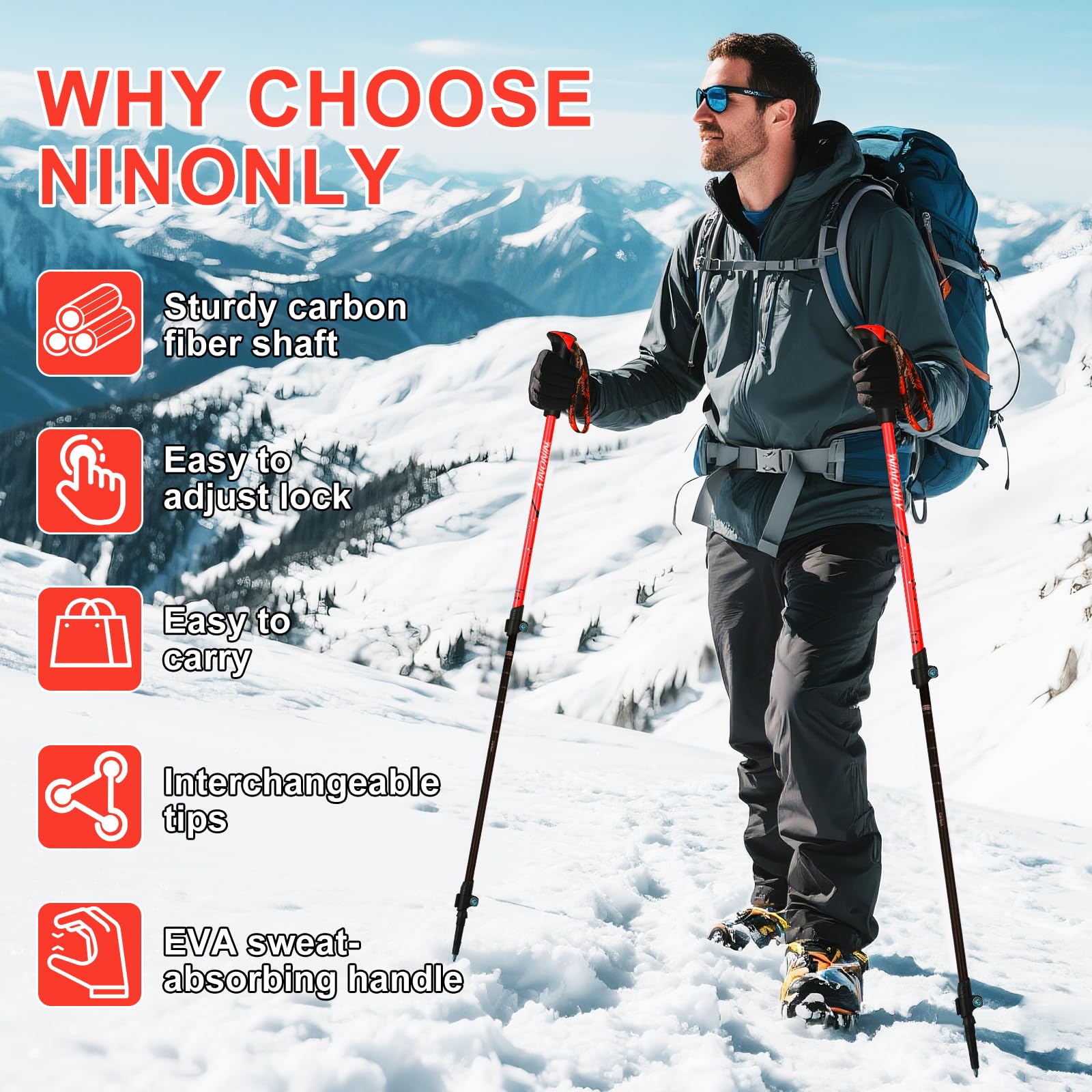 Ninonly Bastoncini Trekking Telescopico in Carbonio, Bastoni da Passeggio Nordic Walking per Uomini e Donne, Racchette Trekking Leggeri con 3 Punte, Portata 150kg per Escursionismo e Alpinismo