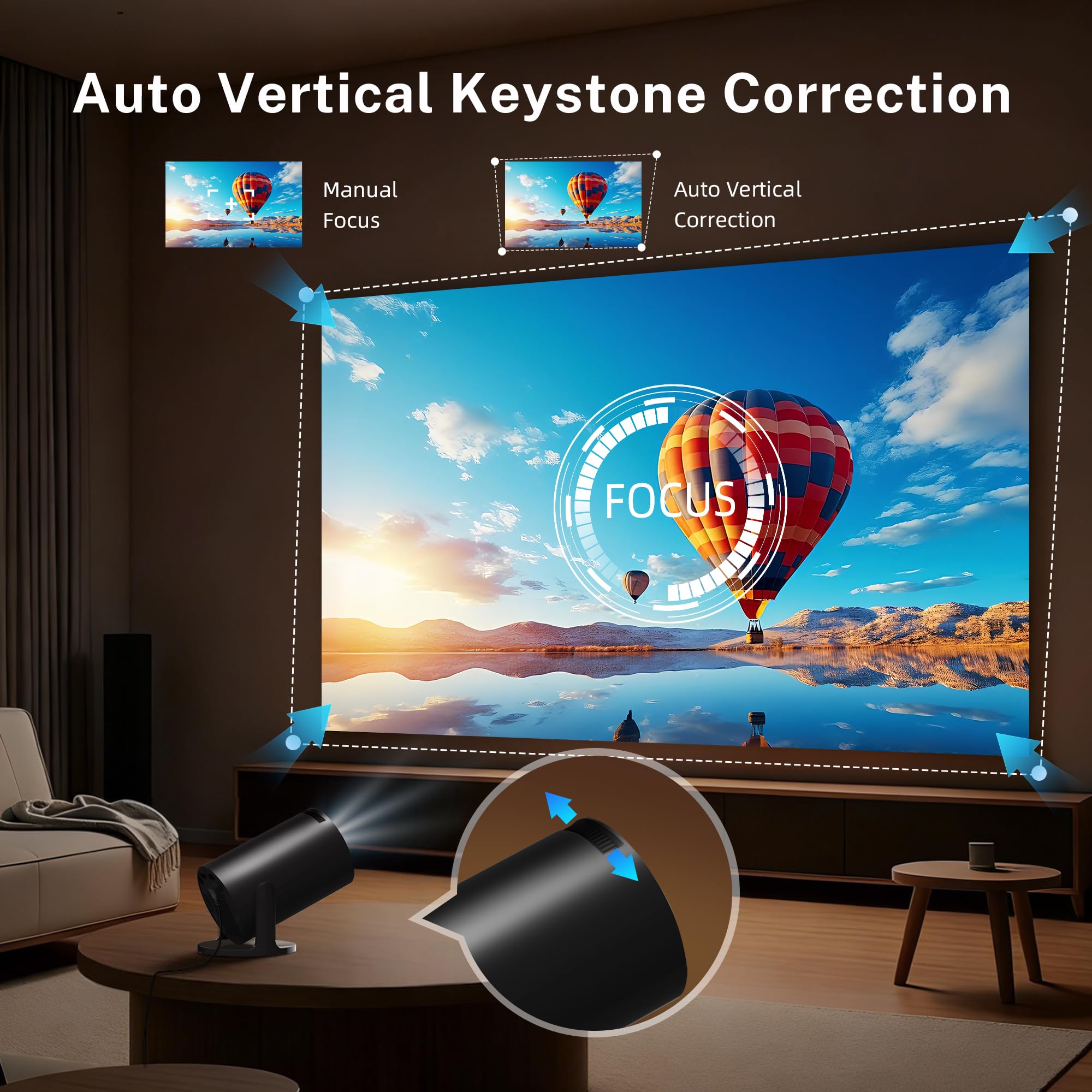 Mini Beamer Native 720P 4K unterstützt Android 14 Smart TV Projektor, WiFi 6 Bluetooth 5.4, Auto-Keystone, 300 ANSI, schwarz