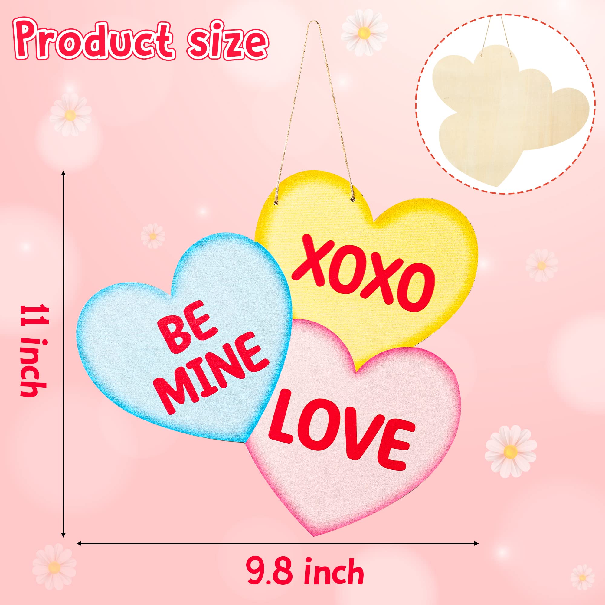 Haooryx Valentine’s Hanging Door Sign - Valentine’s Day Wooden Candy Heart Hanging Sign 11 X 9.8 Inches Heart-Shaped Wall Pediments with Rope Wood Decor Home Party Wedding Anniversary Exchange Gift