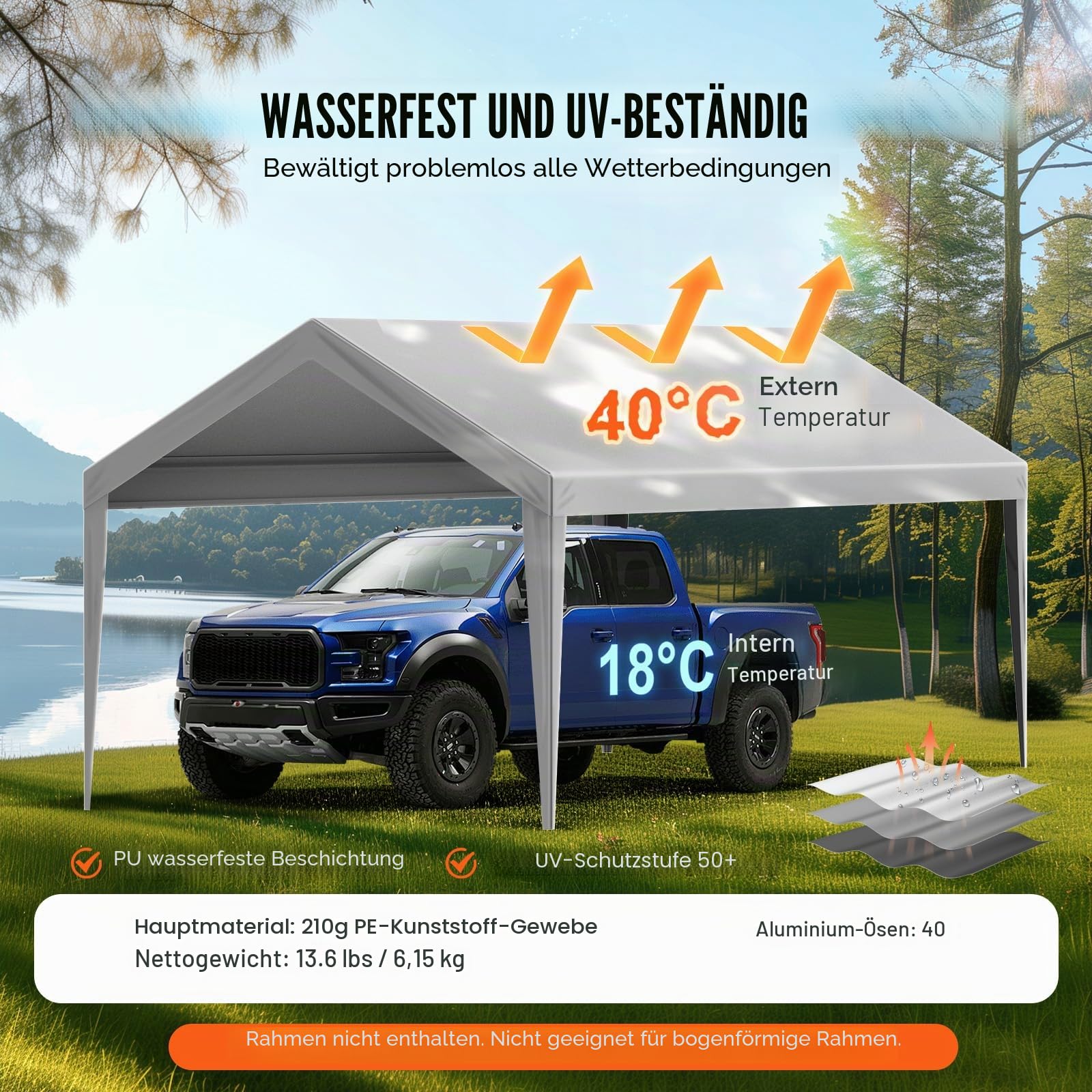 VEVOR Carport-Garagenzelt, 3 x 6 m, Garagendachzelt, wasserdicht und UV-geschützt, einfache Installation mit Spanngurten, Grau (nur Dachabdeckung, Rahmen Nicht im Lieferumfang enthalten)