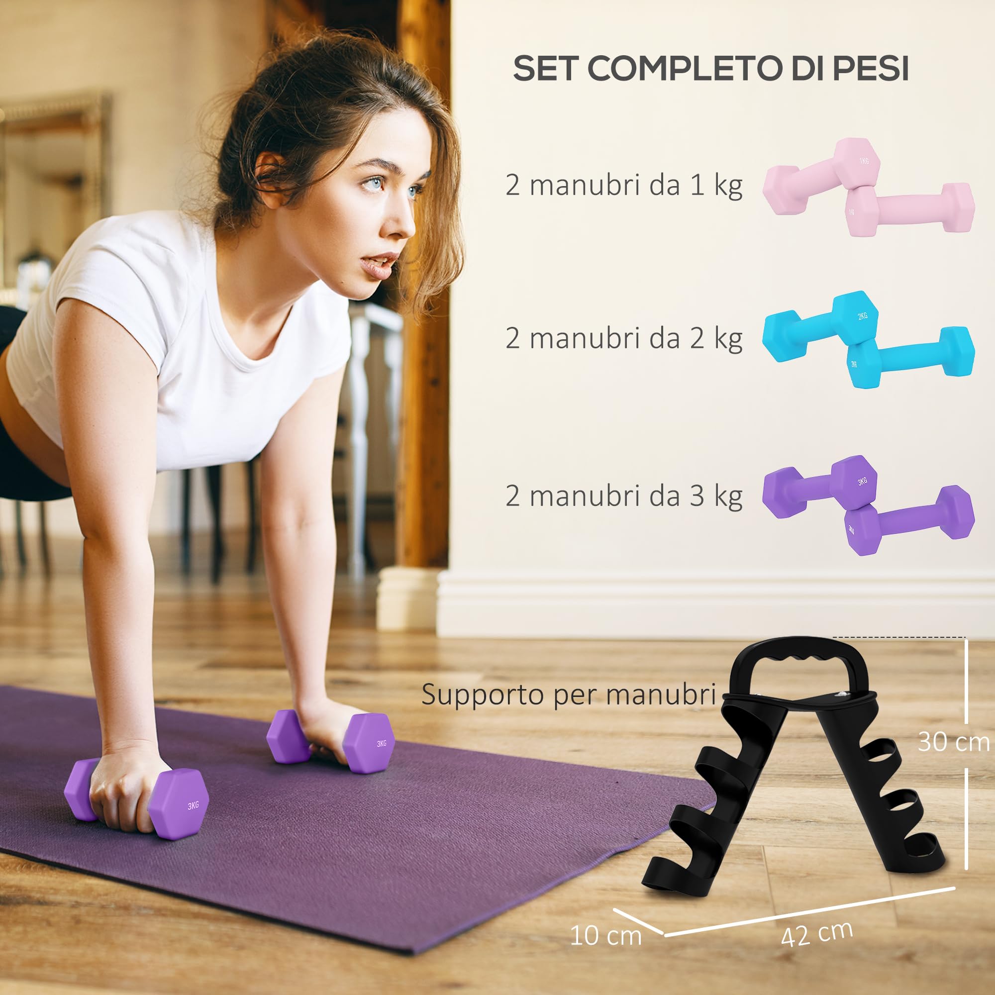 SPORTNOW Set di Manubri da Palestra 2x1kg,2x2kg,2x3kg Rosa/Azzurro/Viola | Supporto Pieghevole, Manubri per Palestra Esagonali in Metallo con Impugnatura, Allenamento Fitness Casa