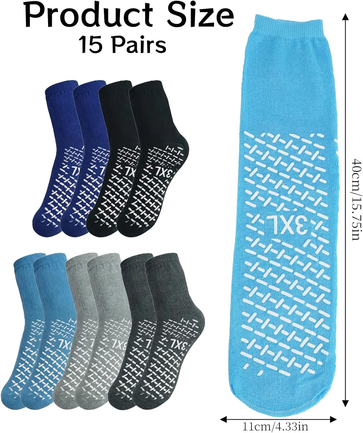 15 Pairs Non Slip Hospital Socks Extra Wide Single Tread Slipper Socks with Grips for Seniors Patient Women Men