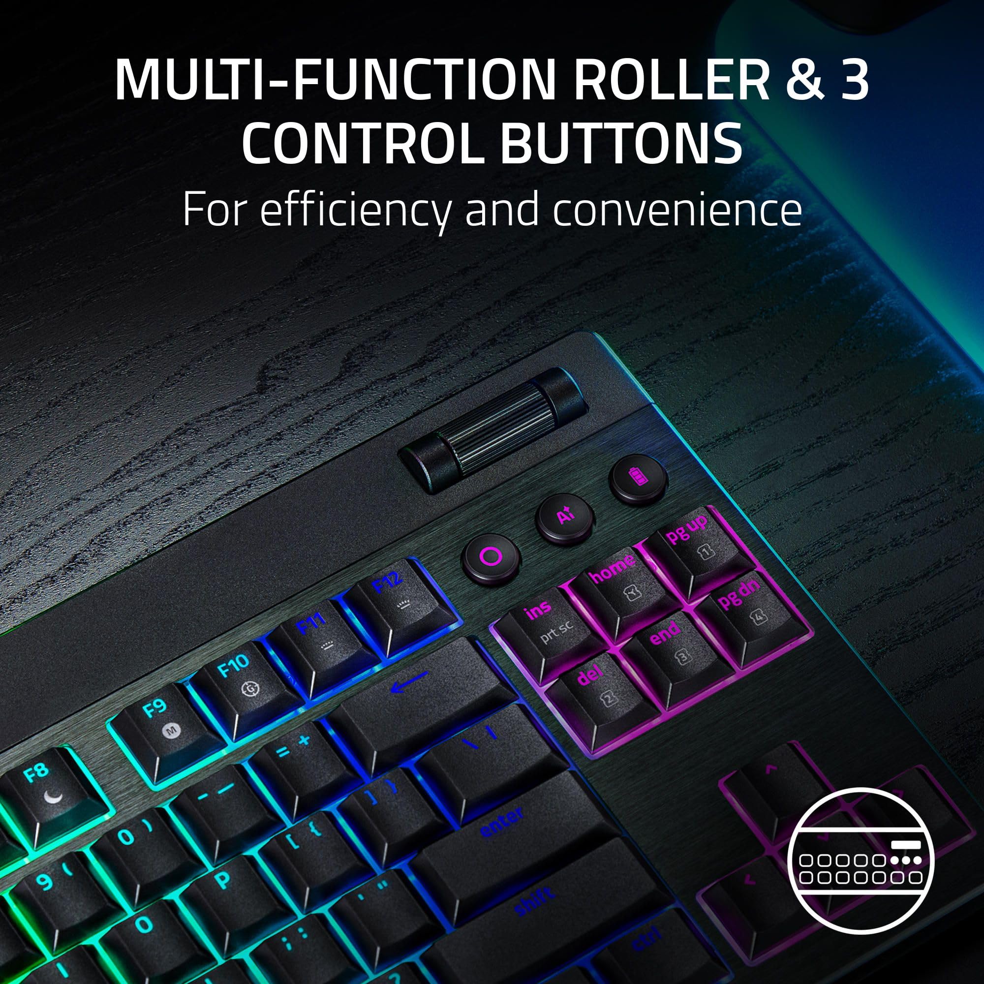 Razer BlackWidow V4 Low Profile TKL HyperSpeed Tastiera da gioco wireless: interruttori meccanici gialli - 2,4 GHz wireless e Bluetooth - Rullo multifunzione - 3 pulsanti di controllo - lungo