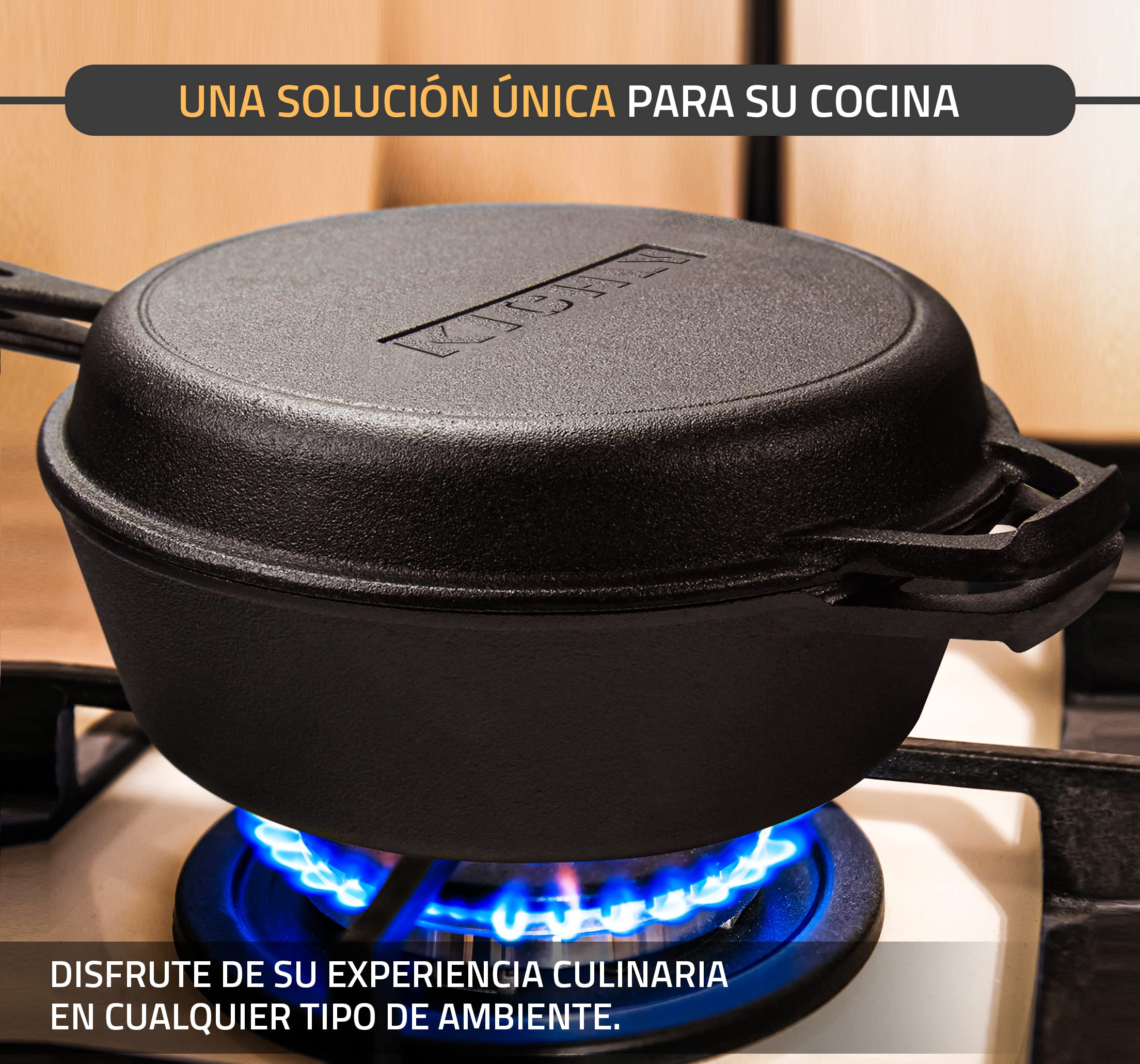 KICHLY Dutch Oven - Olla de fuego doble function - Sartén de hierro fundido para cocina y acampada, exterior e interior - 3L/3.2 Quart Kochset (2 en 1)