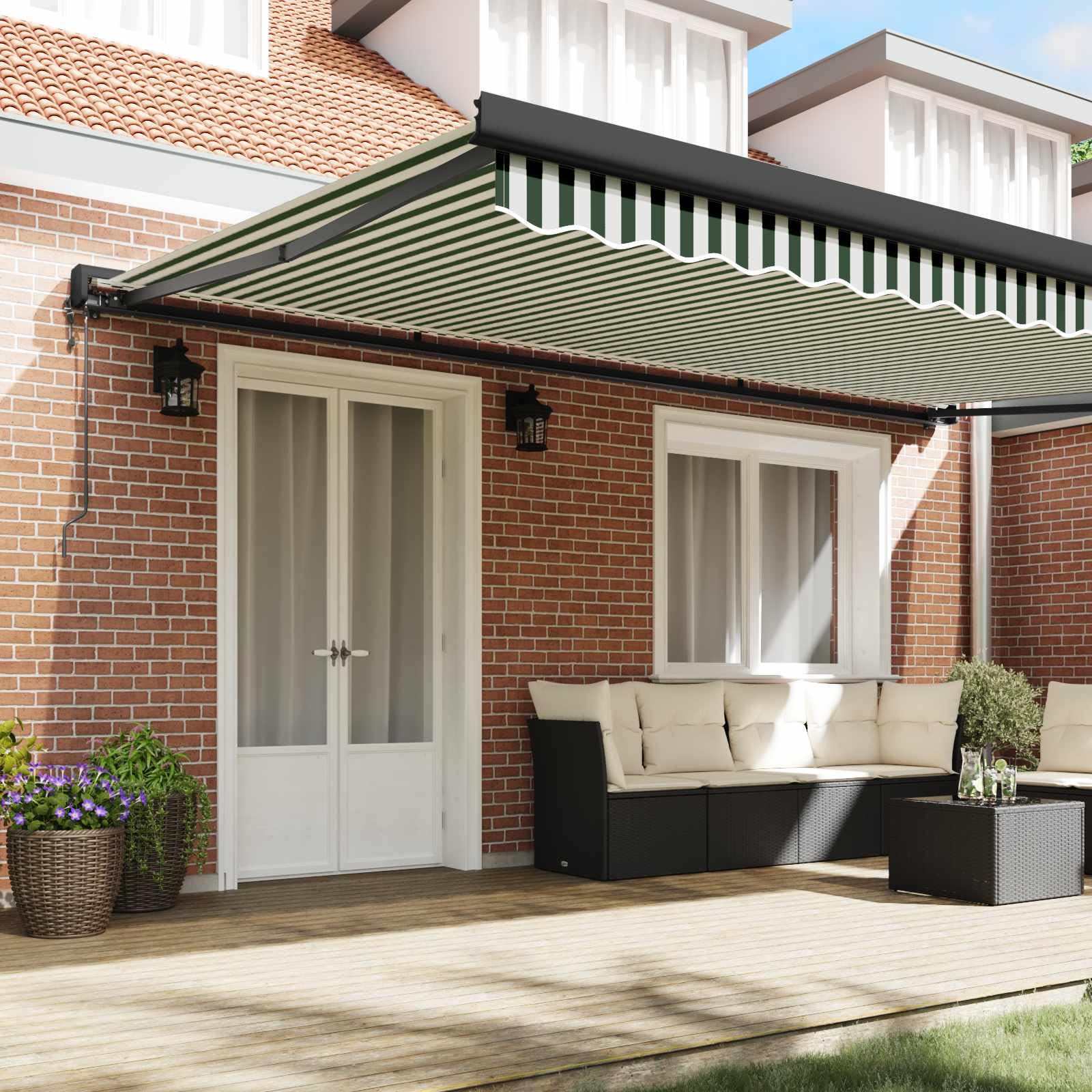 Toldo de brazo articulado 500 x 300 x 165 cm, toldo retráctil para terraza y jardín, tejido de poliéster a rayas verdes y blancas con marco de aluminio, protección solar manual exterior