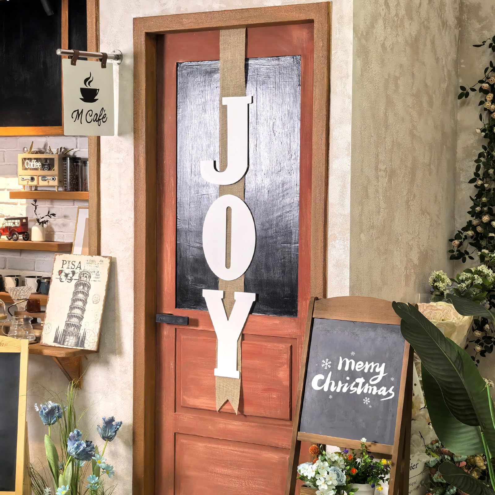 Christmas Joy Door Sign Wooden Joy Xmas Porch Decor for Outdoor Yard and Front Porch, Wooden Joy Letter Signs with Burlap Ribbon for Front Indoor Hanging Decoration(Khaki,White)