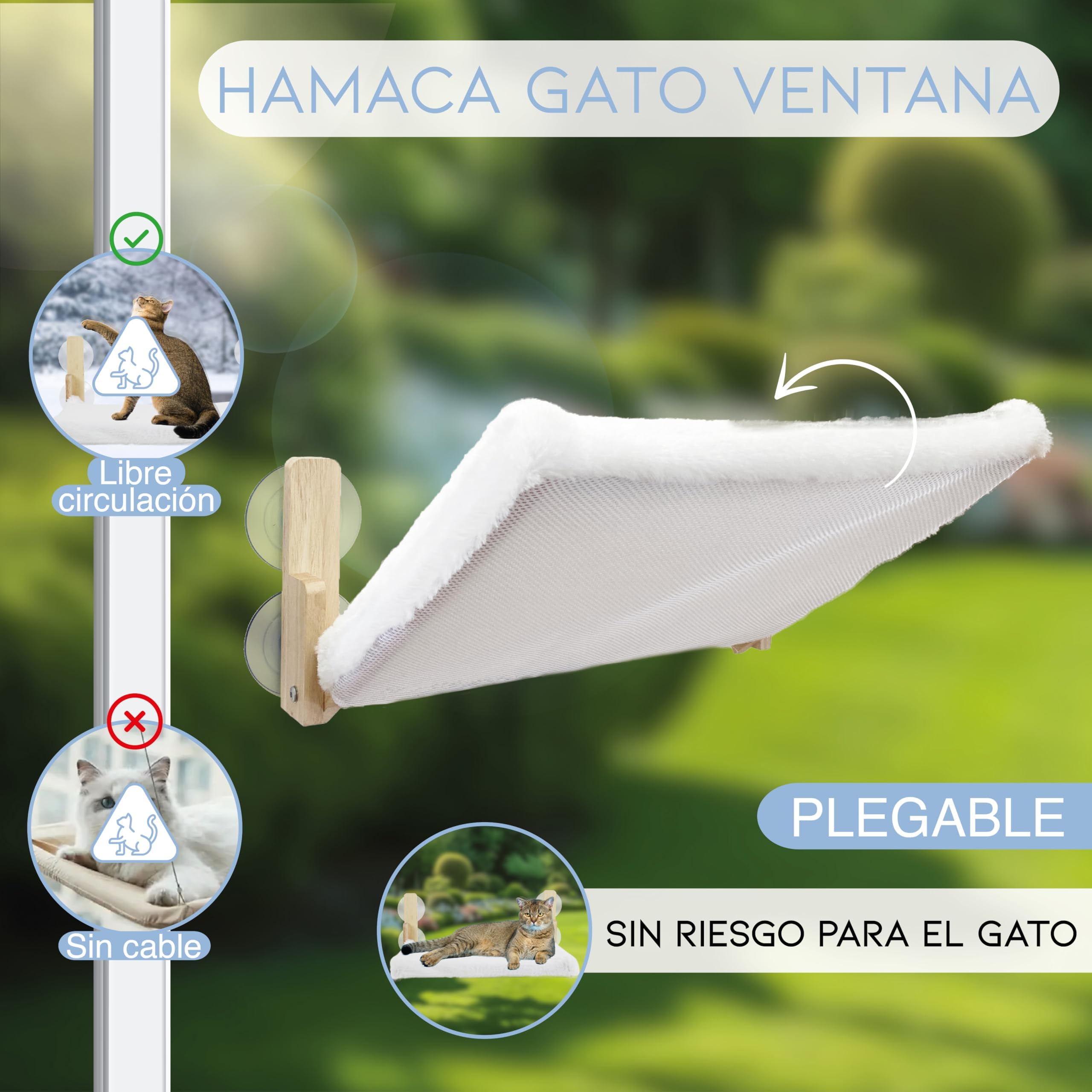 Hamaca Gato Ventana - Cama Gato Ventana Espaciosa y Segura - Hamaca Gato Ventana de Madera con Fuerte Succión - Cama Ventana para Gatos Fácil de Instalar - Cama Colgante para Gatos
