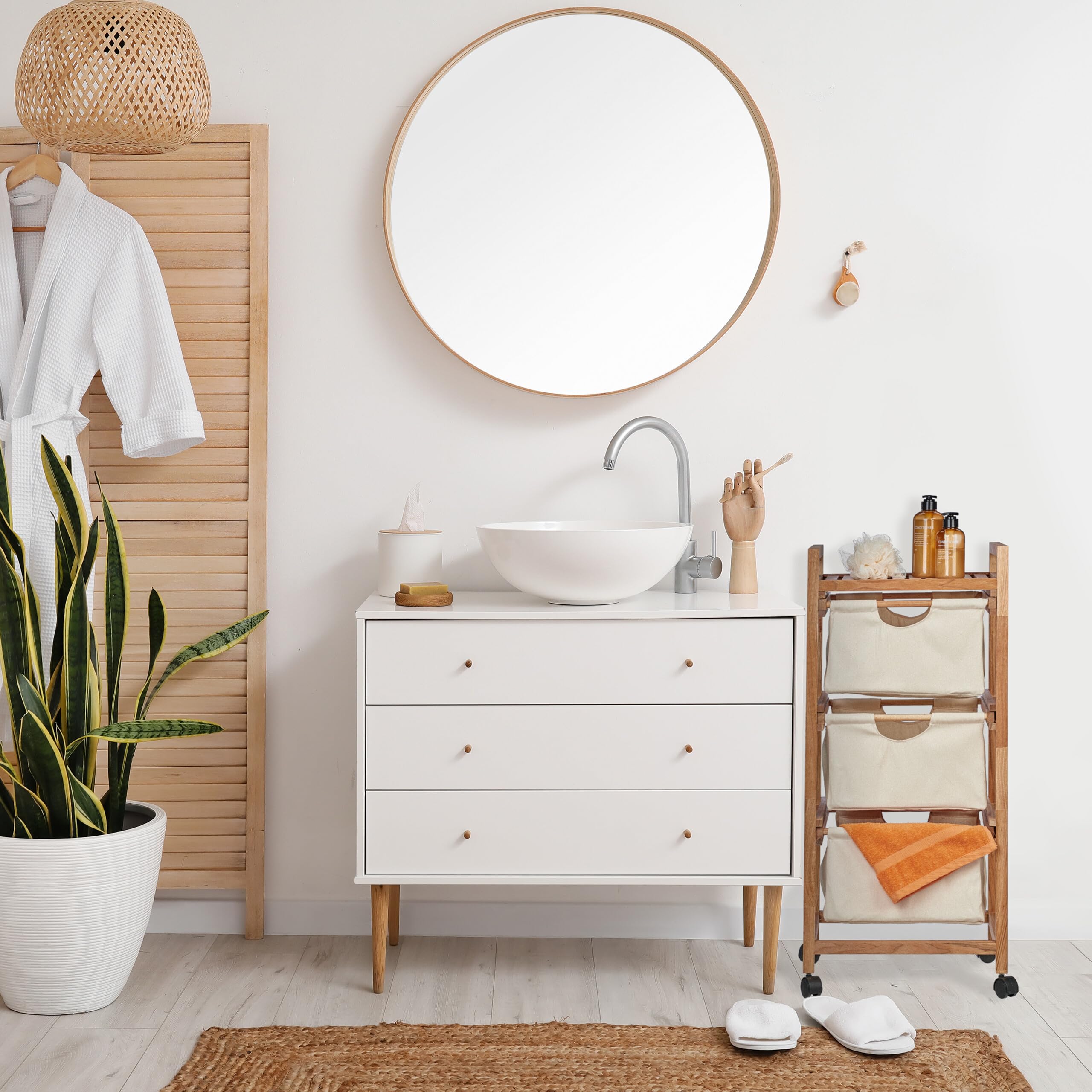 Relaxdays Mobiletto da Bagno con 3 Cestini, Scaffale Salvaspazio, Mobile in Legno, 96x43,5x33,5 cm, Naturale Beige