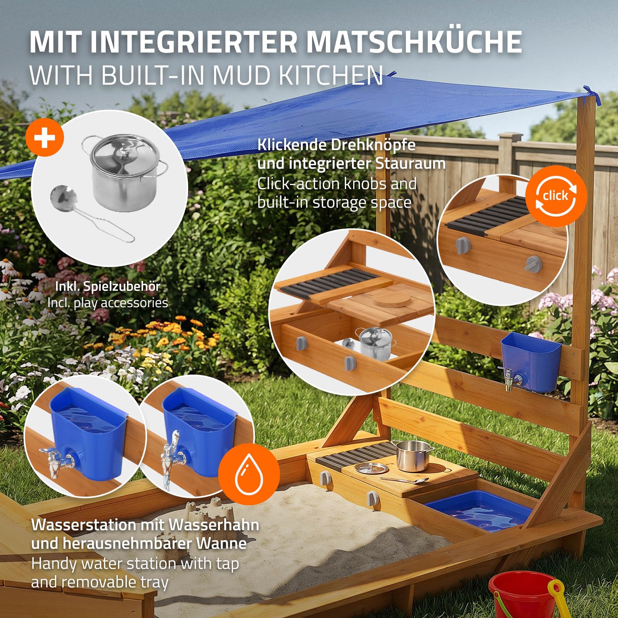 ML-Design Sabbiera Bambini con Tetto, Forma di Nave, Sabbionaia da Esterno in Legno Massiccio, 2 Panchine, Cucina e Accessori, Protezione dai Raggi UV e Bordi Sicuri, Giochi da Giardino 101x163 cm