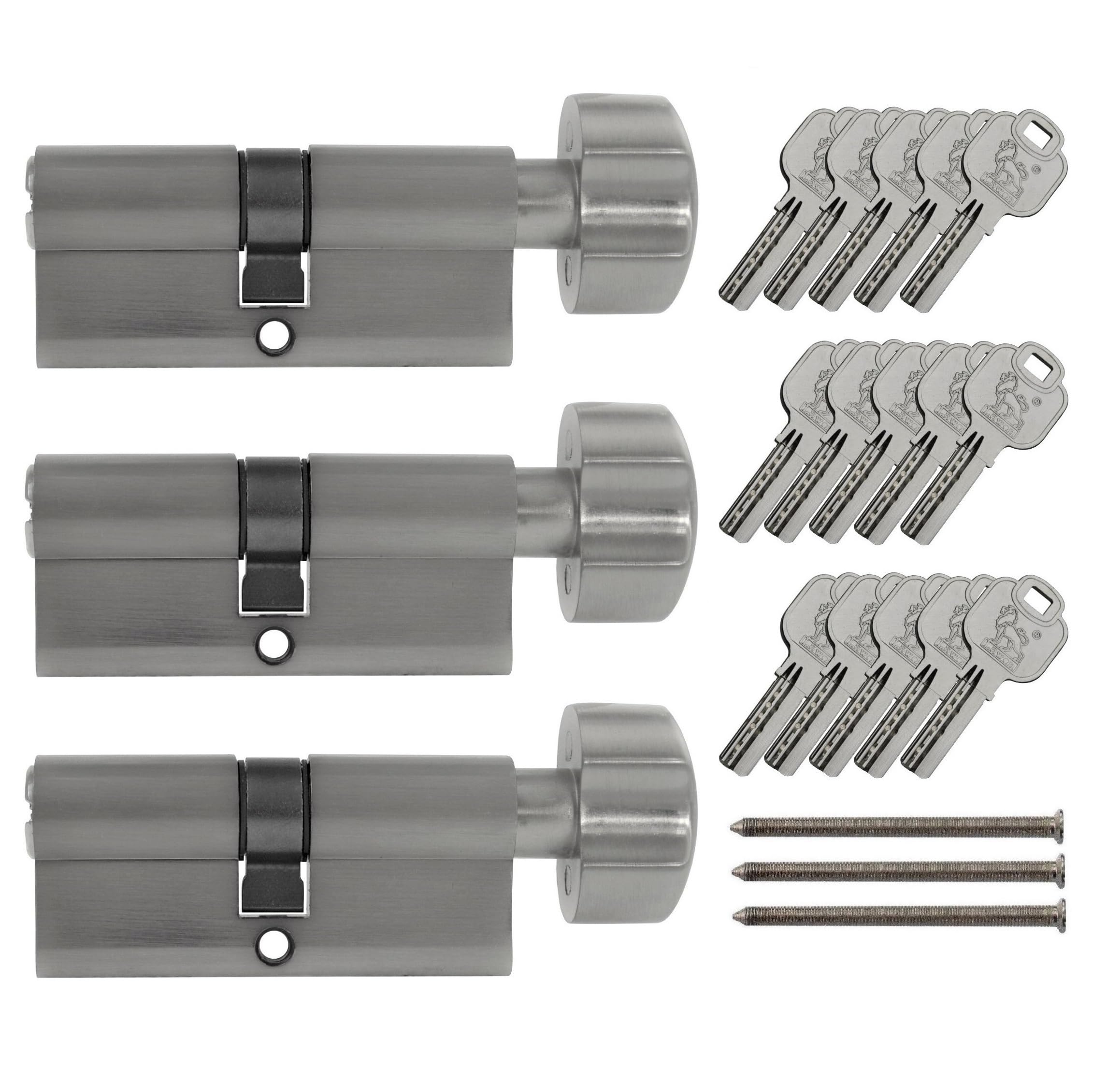 3x thumb turn knob euro cylinder locks 35/35mm, keyed alike, with 15 reversible keys (35x35) (KD)