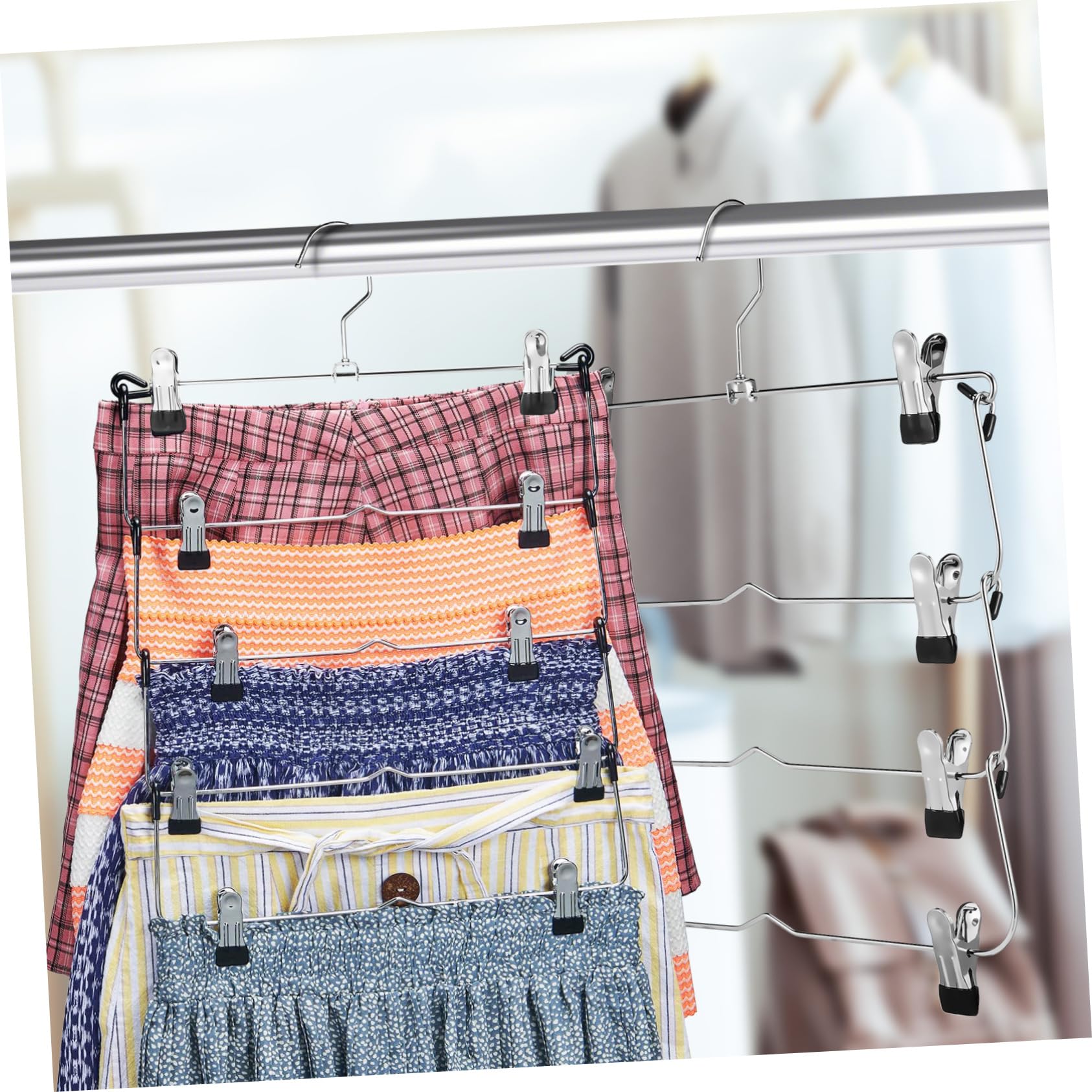 TOPBATHY 4 Pezzi Grucce per Gonne e Pantaloni in Acciaio ad Alto Manganese, Salvaspazio, Multistrato con Clip per Armadio e Guardaroba