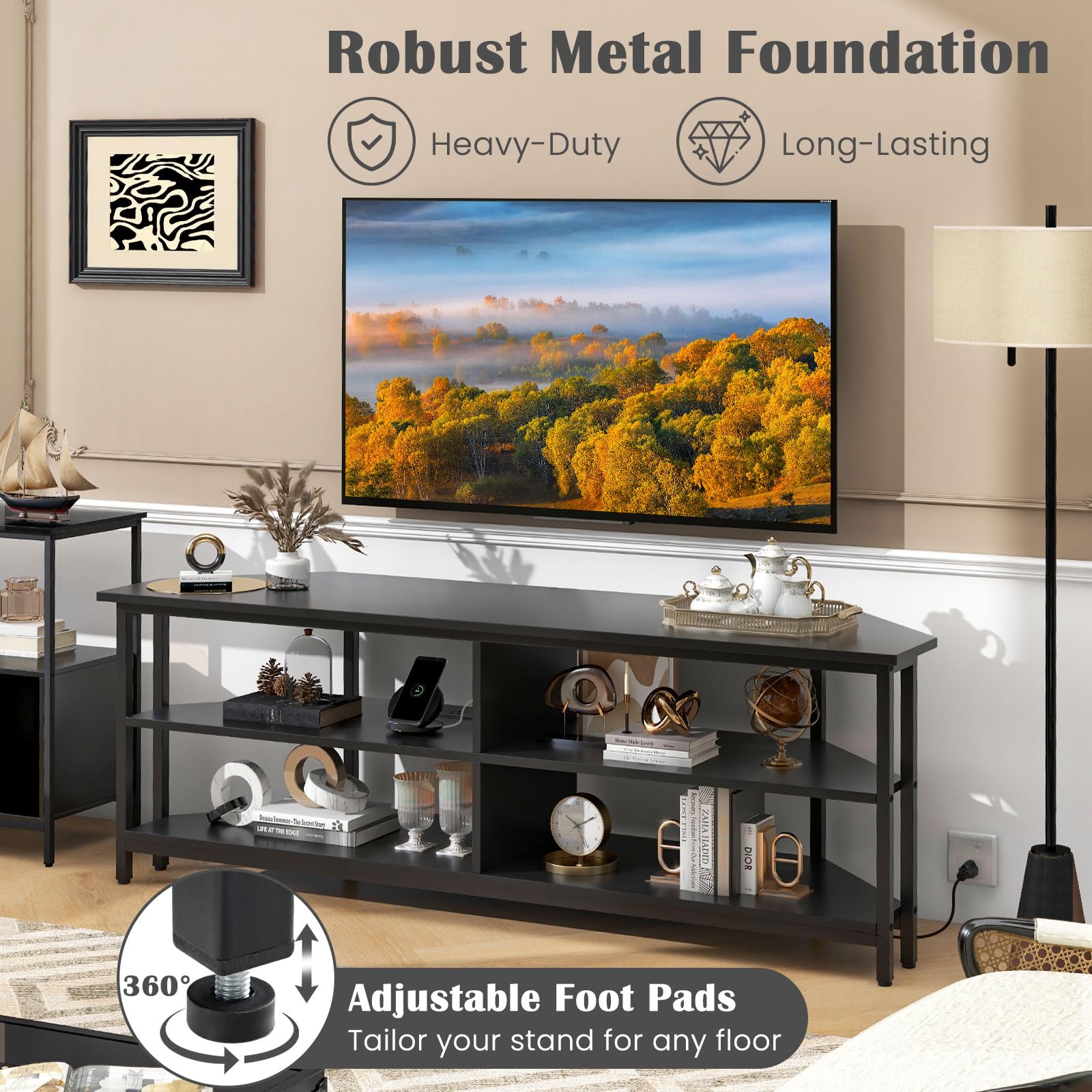 Costway Corner TV Stand for TVs up to 65 TV Console Table with AC Outlets&USB A Ports Black
