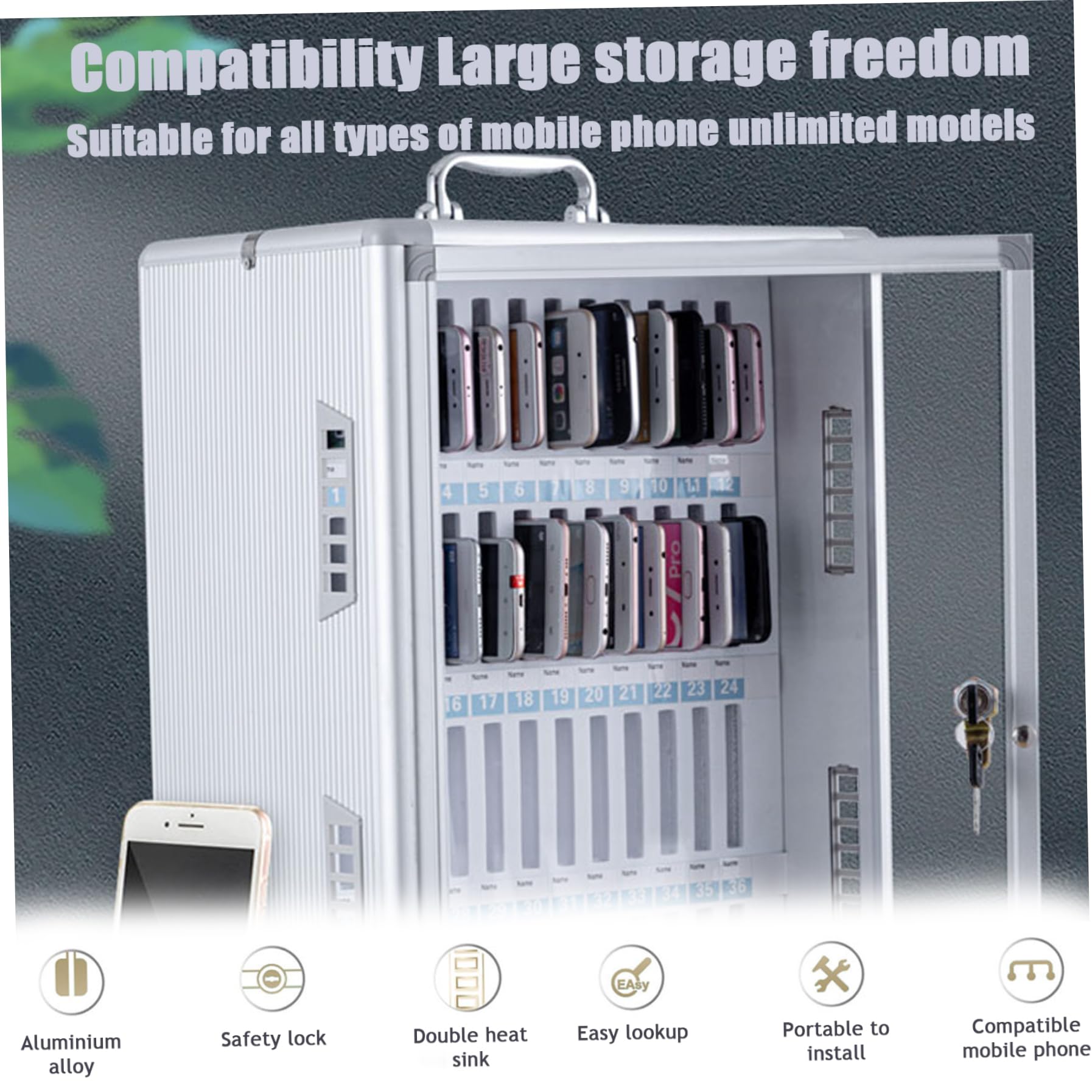 Caja de bloqueo del teléfono celular 24 Ranurcos Locker de teléfonos celulares Aleación de aluminio Aleado de la pared Mundido de la tabla de bolsillo con orificios de disipación con bloqueo, manija