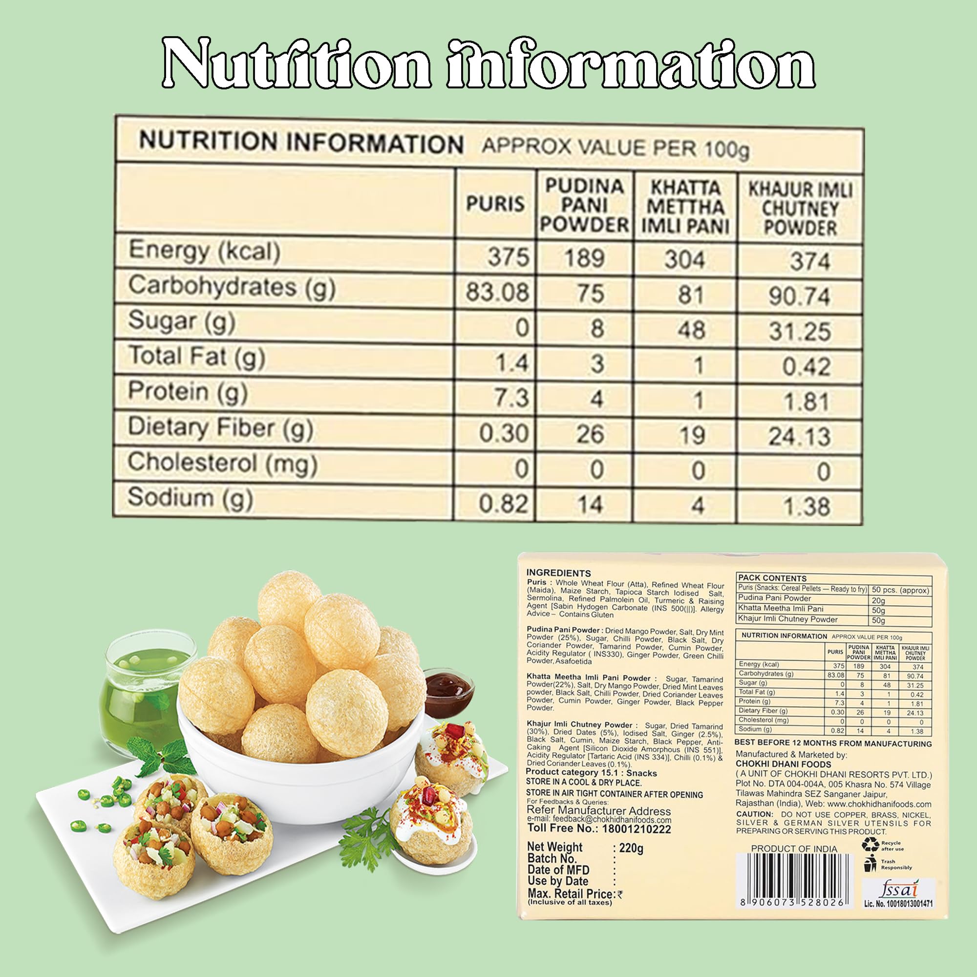 Chokhi Dhani Pani Puri Chaat Kit Pack of 2 (220g Each) | Golgappa/Puchka Kit with 50 Puris | Pudina Pani, Imli & Khajur Imli Chutney Mix | Ready to Eat Instant Street Food at Home 4