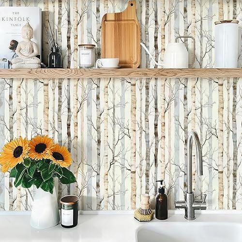 Miniatura 3 de Papel Tapiz Vintage de Abedul Despegar y Pegar Bosque Removible Naturaleza Botánico Árbol 17.7" x 236.22" Papel de Pared Autoadhesivo Acuarela Papel