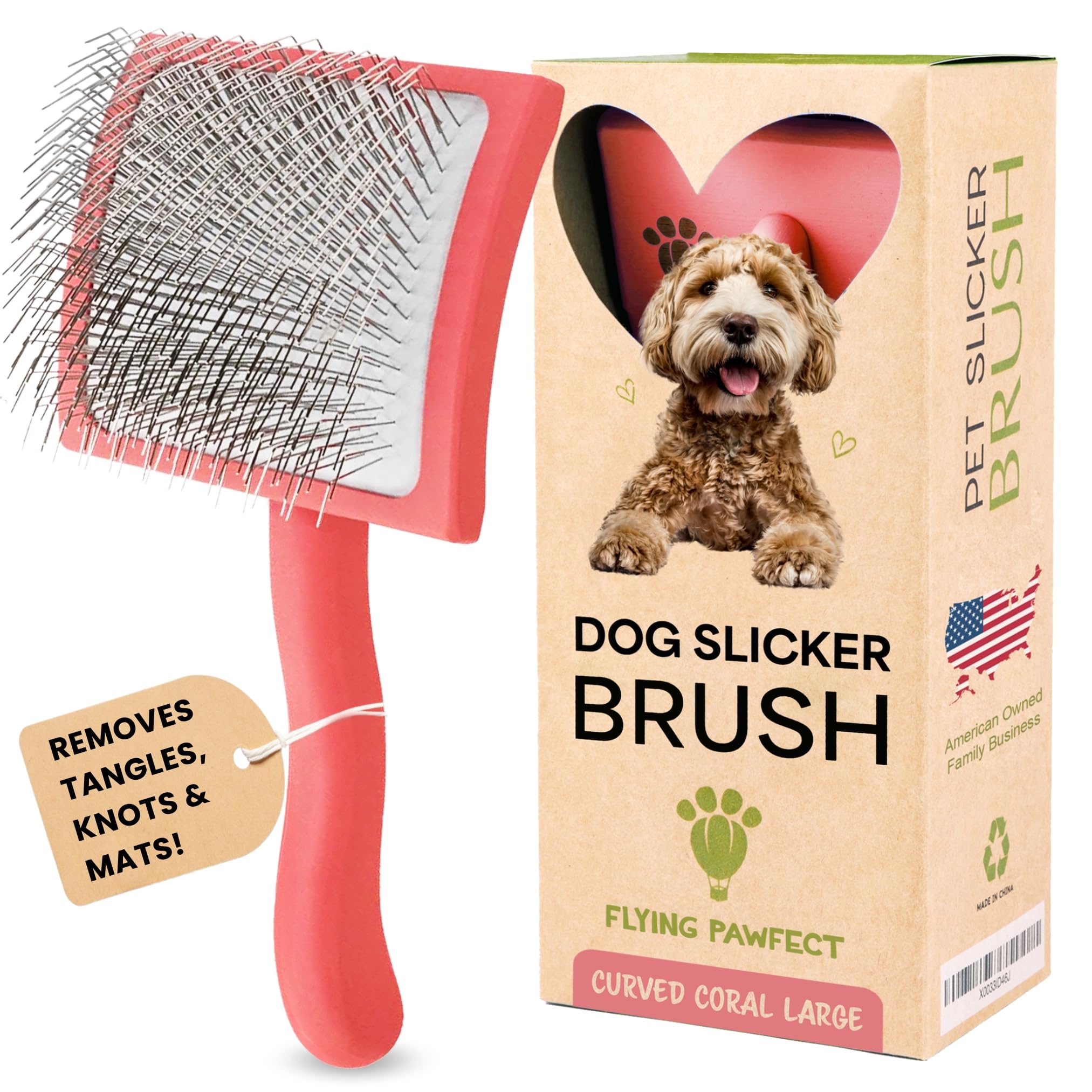 Slicker Brush for Dogs - Long Pin for Poodles, Doodles & Long Haired Dogs, Deshedding & Dematting Tool, Slicker Dog Brushes for Grooming (Coral, Curved Large)