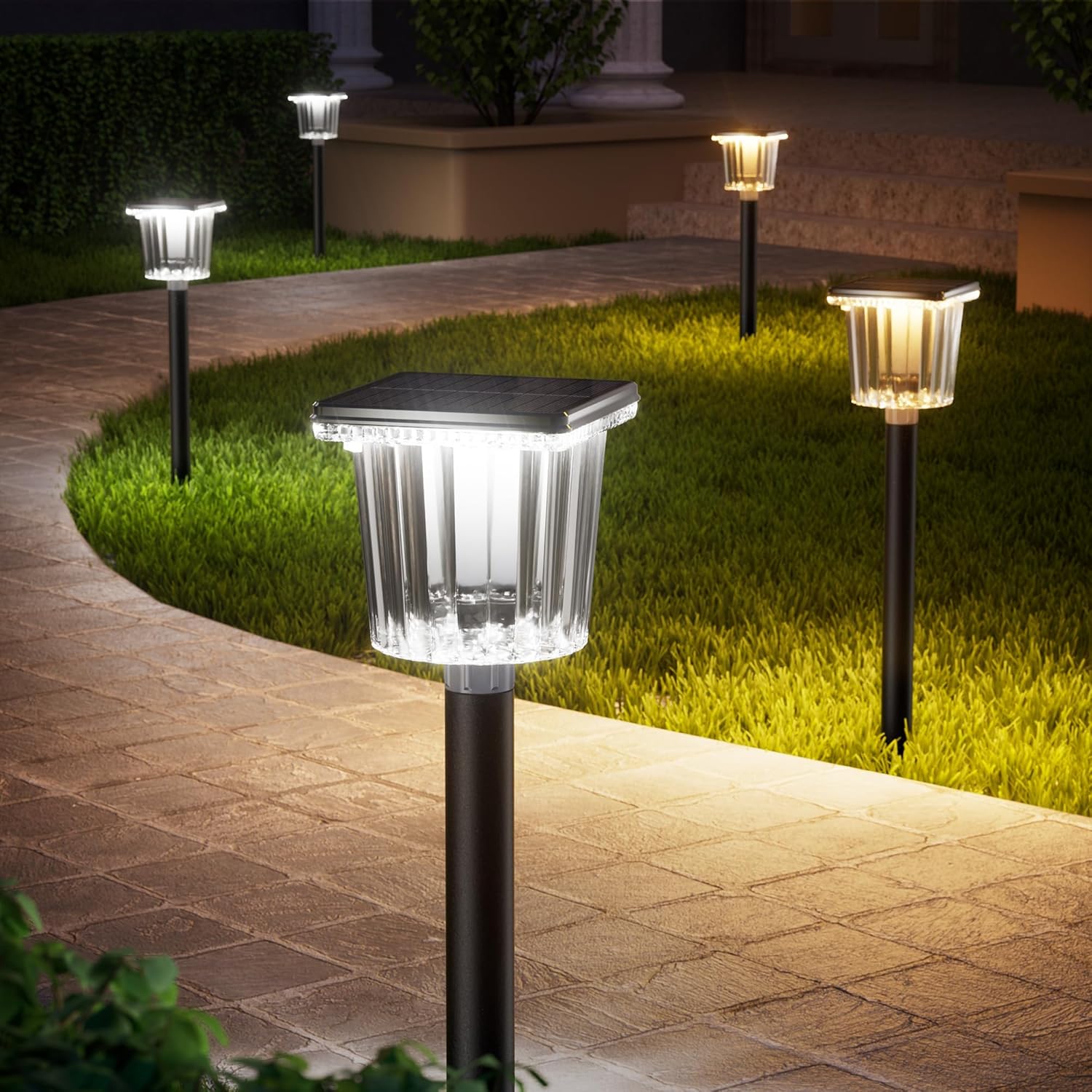 HIGH-POWER 2-in-1 Warm&Cold,3000/12000K 6 Pack Solar Pathway Lights,SUPER BRIGHT Solar Lights Outdoor IP65 Waterproof ,Up to 28 Hrs Solar Walkway Lights for Yard,Patio,Landscape,Sidewalk,Driveway,Lawn Black 6 Pack