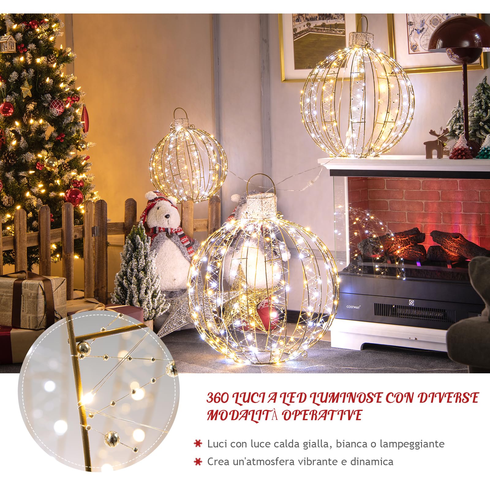 GYMAX Set di 3 Palle Luminose Natalizie a LED, Luce a Sfera da Appendere con 30 Fascette e 6 Picchetti, Globi Luminosi con Struttura in Ferro per Alberi, Prati e Giardini da Interno ed Esterno