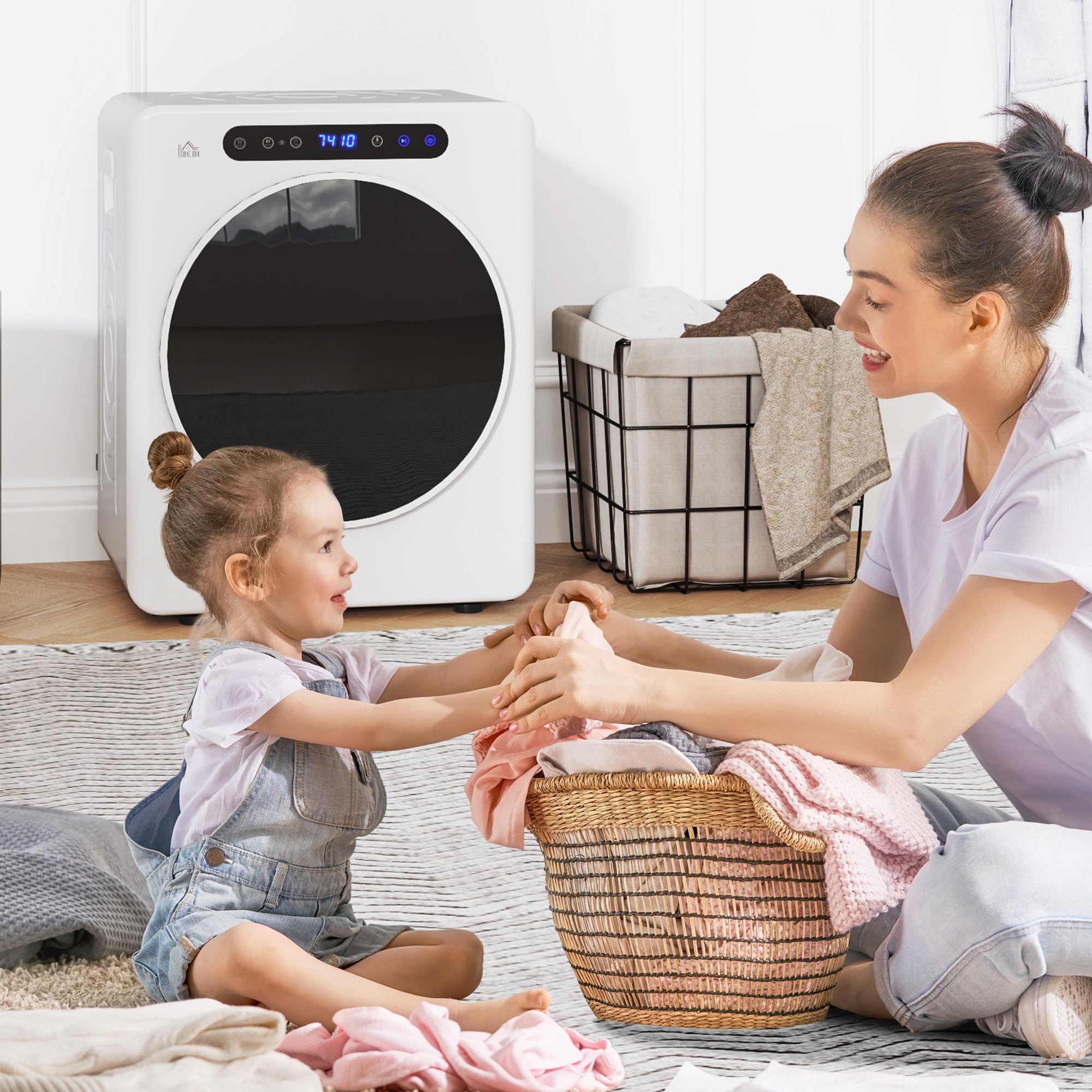 HOMCOM Mini Ablufttrockner 5kg Wäschetrockner mit Sterilisation, 6 Programmen bis zu 60℃, 1000W Trockner mit Touch-Screen, Knitterschutz, Edelstahltrommel, Extra-Trocken-Modus Weiß